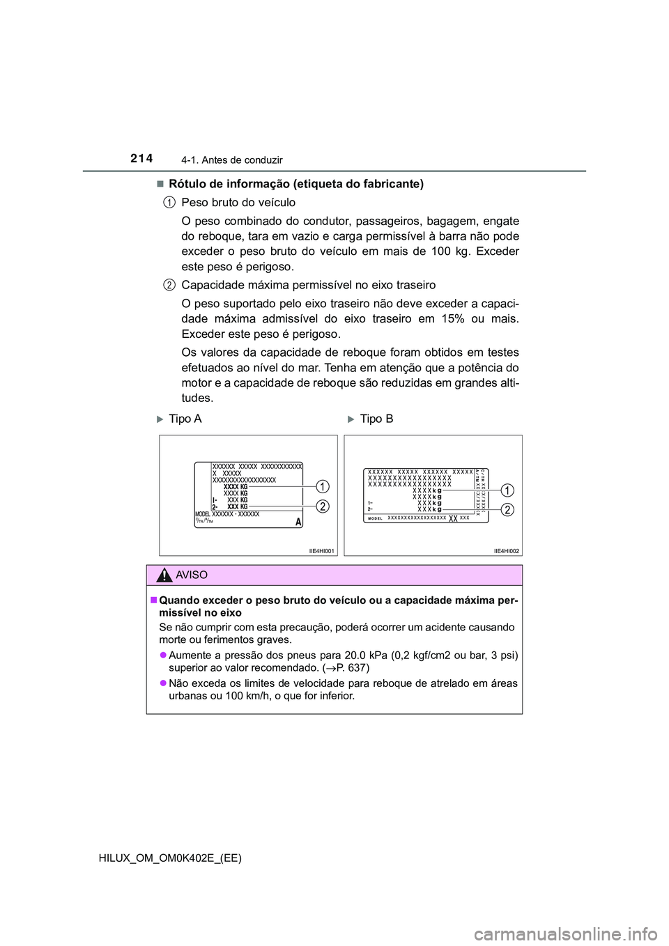 TOYOTA HILUX 2023  Manual de utilização (in Portuguese) 2144-1. Antes de conduzir
HILUX_OM_OM0K402E_(EE)
Rótulo de informação (etiqueta do fabricante)
Peso bruto do veículo
O  peso  combinado  do  condutor,  passageiros,  bagagem,  engate
do reboque