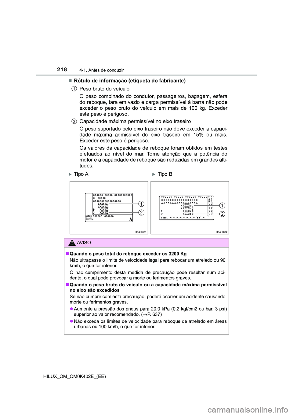 TOYOTA HILUX 2023  Manual de utilização (in Portuguese) 2184-1. Antes de conduzir
HILUX_OM_OM0K402E_(EE)
Rótulo de informação (etiqueta do fabricante)
Peso bruto do veículo
O  peso  combinado  do  condutor,  passageiros,  bagagem,  esfera
do reboque