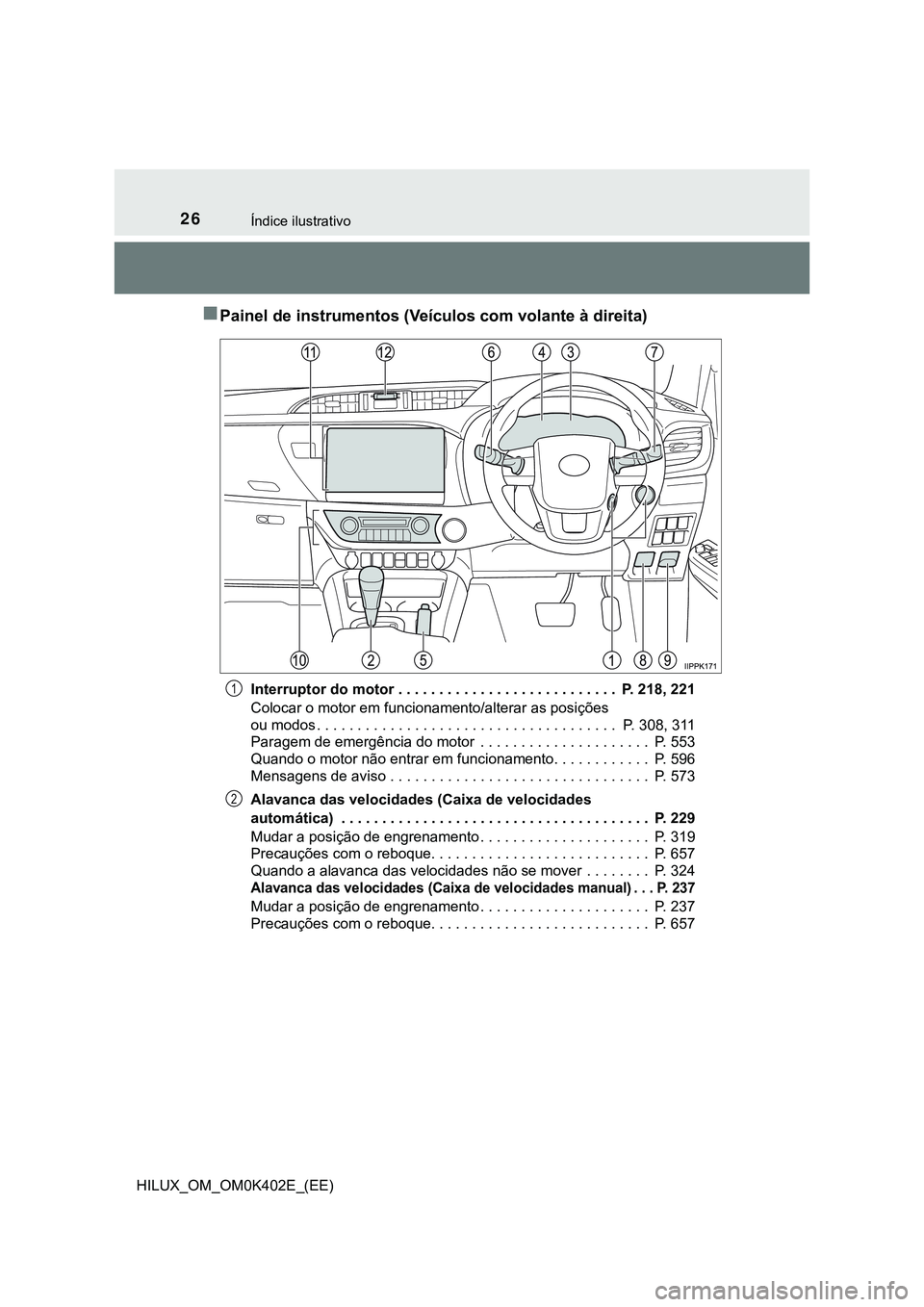 TOYOTA HILUX 2023 Manual de utilização (in Portuguese) 26Índice ilustrativo
HILUX_OM_OM0K402E_(EE)
Painel de instrumentos (Veículos com volante à direita)
Interruptor do motor . . . . . . . . . . . . . . . . . . . . . . . . . . . P. 218, 221
<00260 TOYOTA HILUX 2023 Manual de utilização (in Portuguese) 26Índice ilustrativo
HILUX_OM_OM0K402E_(EE)
Painel de instrumentos (Veículos com volante à direita)
Interruptor do motor . . . . . . . . . . . . . . . . . . . . . . . . . . . P. 218, 221
<00260