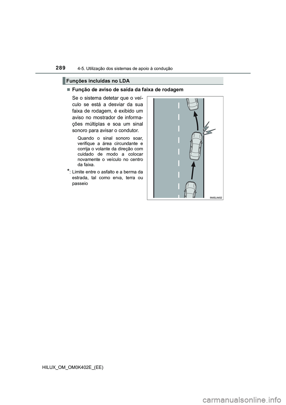 TOYOTA HILUX 2023 Manual de utilização (in Portuguese) 2894-5. Utilização dos sistemas de apoio à condução
HILUX_OM_OM0K402E_(EE)
Função de aviso de saída da faixa de rodagem
Se o sistema detetar que o veí-
culo se está a desviar da sua TOYOTA HILUX 2023 Manual de utilização (in Portuguese) 2894-5. Utilização dos sistemas de apoio à condução
HILUX_OM_OM0K402E_(EE)
Função de aviso de saída da faixa de rodagem
Se o sistema detetar que o veí-
culo se está a desviar da sua