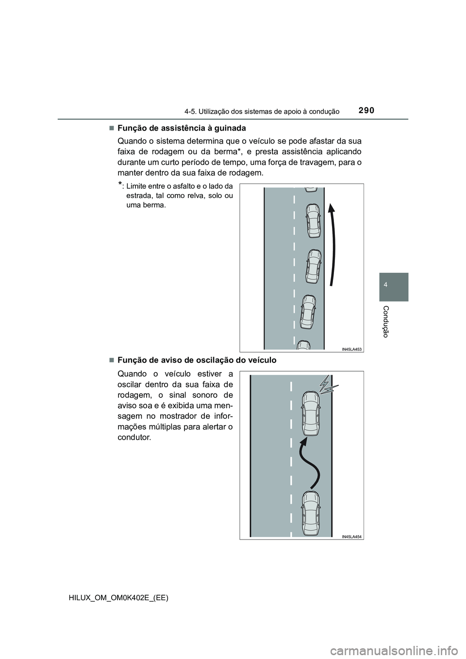 TOYOTA HILUX 2023 Manual de utilização (in Portuguese) 2904-5. Utilização dos sistemas de apoio à condução
4
Condução
HILUX_OM_OM0K402E_(EE)
Função de assistência à guinada
Quando o sistema determina que o veículo se pode afastar da sua
fai TOYOTA HILUX 2023 Manual de utilização (in Portuguese) 2904-5. Utilização dos sistemas de apoio à condução
4
Condução
HILUX_OM_OM0K402E_(EE)
Função de assistência à guinada
Quando o sistema determina que o veículo se pode afastar da sua
fai