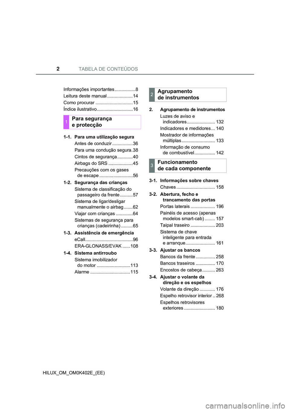 TOYOTA HILUX 2023  Manual de utilização (in Portuguese) TABELA DE CONTEÚDOS2
HILUX_OM_OM0K402E_(EE)Informações importantes ................8
Leitura deste manual ....................14
Como procurar .............................15
Índice ilustrativo...