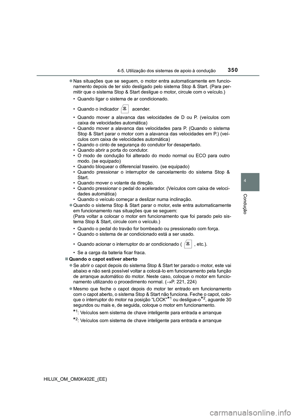 TOYOTA HILUX 2023  Manual de utilização (in Portuguese) 3504-5. Utilização dos sistemas de apoio à condução
4
Condução
HILUX_OM_OM0K402E_(EE)Nas  situações  que  se  seguem,  o  motor  entra  automaticamente  em  funcio-
namento depois de ter s