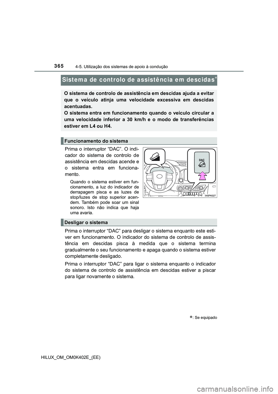 TOYOTA HILUX 2023  Manual de utilização (in Portuguese) 3654-5. Utilização dos sistemas de apoio à condução
HILUX_OM_OM0K402E_(EE)
Sistema de controlo de assistência em descidas
Prima  o  interruptor  “DAC”.  O  indi-
cador  do  sistema  de  c