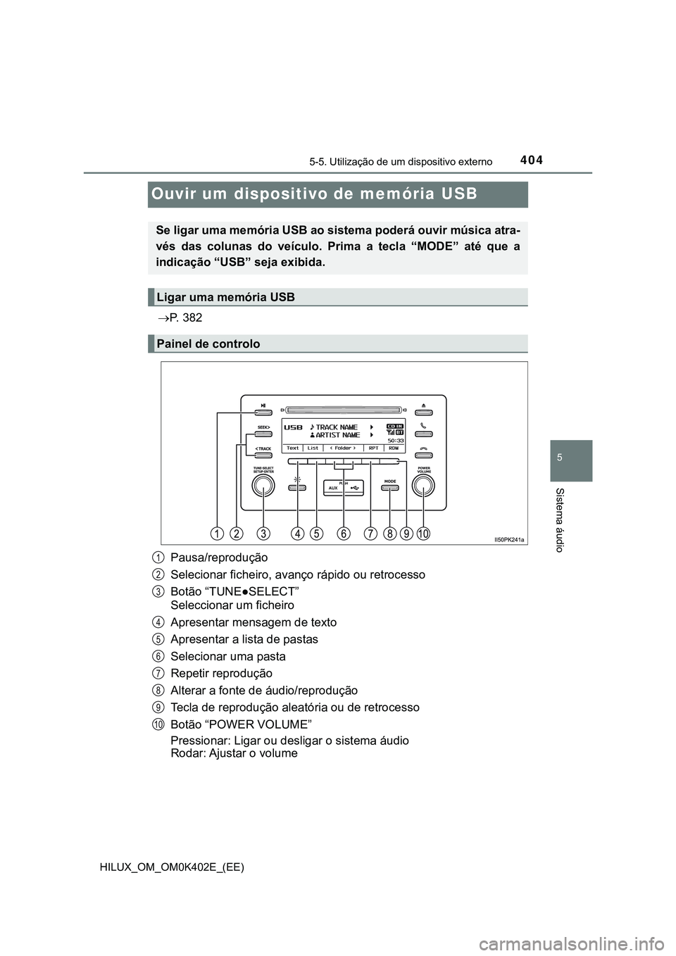 TOYOTA HILUX 2023 Manual de utilização (in Portuguese) 404
5
5-5. Utilização de um dispositivo externo
Sistema áudio
HILUX_OM_OM0K402E_(EE)
Ouvir um dispositivo de memória USB
P. 3 8 2
Pausa/reprodução
Selecionar ficheiro, avanço rápido ou re TOYOTA HILUX 2023 Manual de utilização (in Portuguese) 404
5
5-5. Utilização de um dispositivo externo
Sistema áudio
HILUX_OM_OM0K402E_(EE)
Ouvir um dispositivo de memória USB
P. 3 8 2
Pausa/reprodução
Selecionar ficheiro, avanço rápido ou re