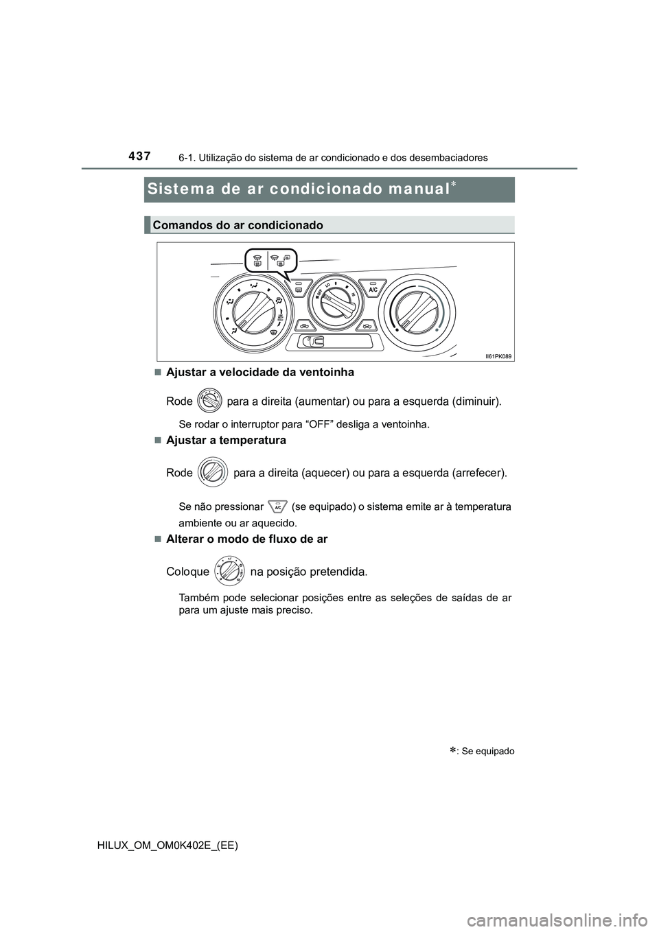 TOYOTA HILUX 2023  Manual de utilização (in Portuguese) 4376-1. Utilização do sistema de ar condicionado e dos desembaciadores
HILUX_OM_OM0K402E_(EE)
Sistema de ar condicionado manual
Ajustar a velocidade da ventoinha
Rode   para a direita (aumenta