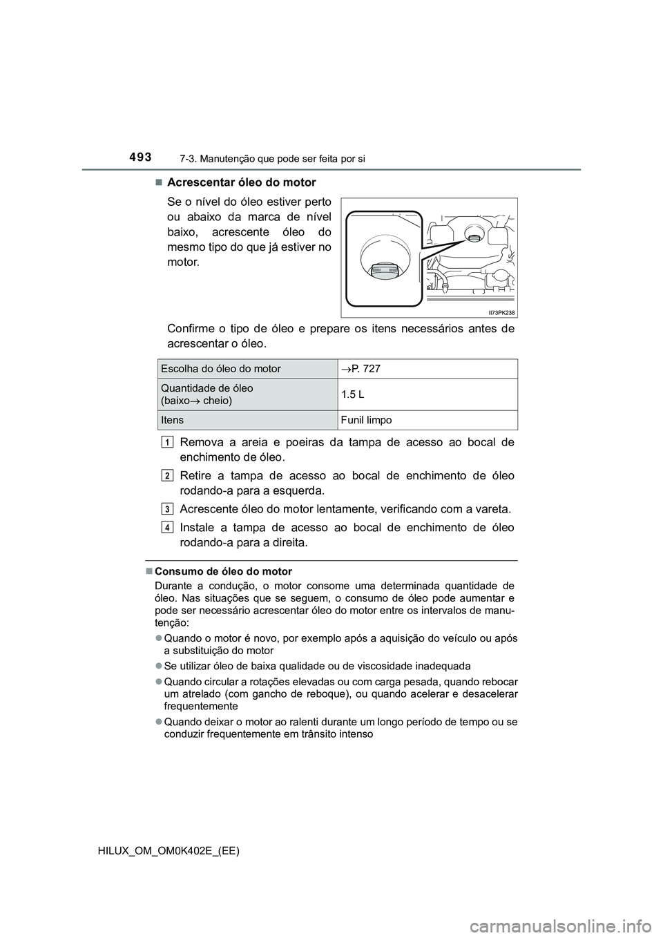 TOYOTA HILUX 2023  Manual de utilização (in Portuguese) 4937-3. Manutenção que pode ser feita por si 
HILUX_OM_OM0K402E_(EE)
Acrescentar óleo do motor
Se o nível do óleo estiver perto
ou  abaixo  da  marca  de  nível
baixo,  acrescente  óleo  do
