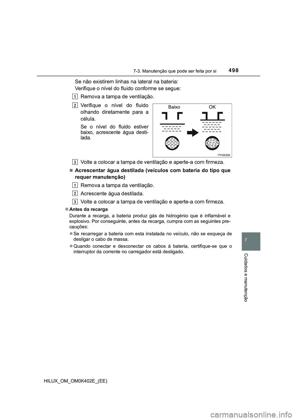 TOYOTA HILUX 2023  Manual de utilização (in Portuguese) 4987-3. Manutenção que pode ser feita por si
HILUX_OM_OM0K402E_(EE)
7
Cuidados e manutenção
Se não existirem linhas na lateral na bateria:
Verifique o nível do fluido conforme se segue:
Remova a