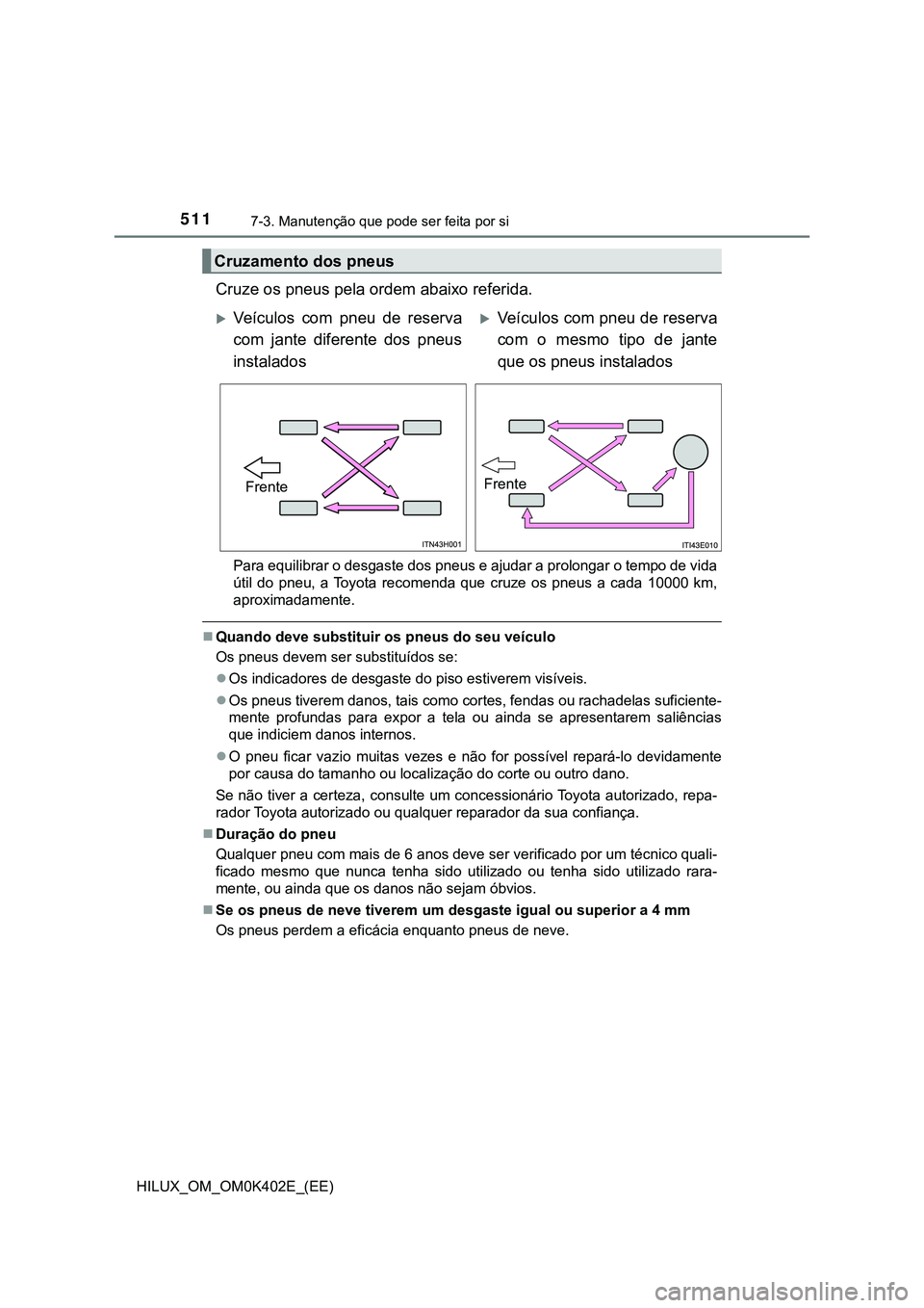 TOYOTA HILUX 2023  Manual de utilização (in Portuguese) 5117-3. Manutenção que pode ser feita por si 
HILUX_OM_OM0K402E_(EE)
Cruze os pneus pela ordem abaixo referida.
Para equilibrar o desgaste dos pneus e ajudar a prolongar o tempo de vida
útil  do  p