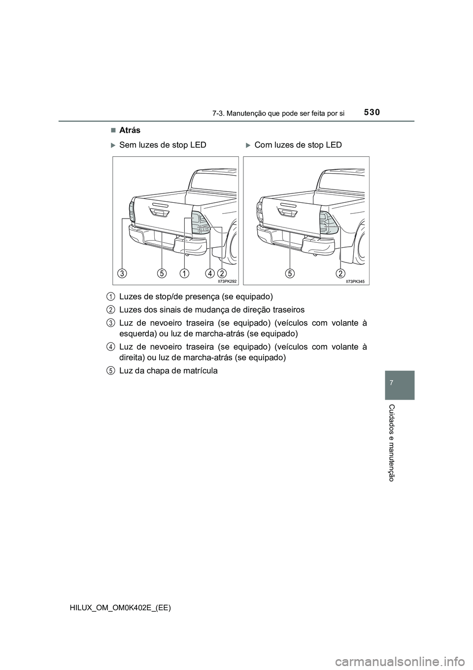 TOYOTA HILUX 2023  Manual de utilização (in Portuguese) 5307-3. Manutenção que pode ser feita por si
HILUX_OM_OM0K402E_(EE)
7
Cuidados e manutenção
Atrás
Luzes de stop/de presença (se equipado)
Luzes dos sinais de mudança de direção traseiros
L