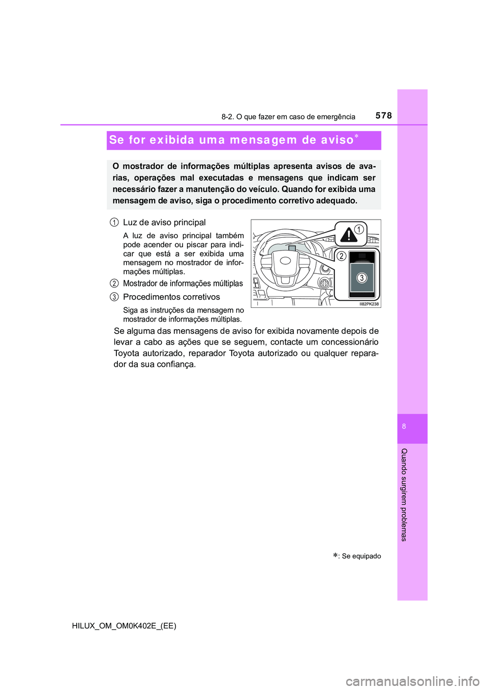 TOYOTA HILUX 2023 Manual de utilização (in Portuguese) 5788-2. O que fazer em caso de emergência
HILUX_OM_OM0K402E_(EE)
8
Quando surgirem problemas
Se for exibida uma mensagem de aviso
Luz de aviso principal
A luz de aviso principal também
pode TOYOTA HILUX 2023 Manual de utilização (in Portuguese) 5788-2. O que fazer em caso de emergência
HILUX_OM_OM0K402E_(EE)
8
Quando surgirem problemas
Se for exibida uma mensagem de aviso
Luz de aviso principal
A luz de aviso principal também
pode