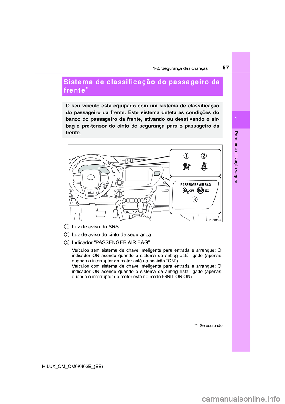 TOYOTA HILUX 2023 Manual de utilização (in Portuguese) 571-2. Segurança das crianças
1
HILUX_OM_OM0K402E_(EE)
Para uma utilização segura
Sistema de classificação do passageiro da
frente
Luz de aviso do SRS
Luz de aviso do cinto de segurança
In TOYOTA HILUX 2023 Manual de utilização (in Portuguese) 571-2. Segurança das crianças
1
HILUX_OM_OM0K402E_(EE)
Para uma utilização segura
Sistema de classificação do passageiro da
frente
Luz de aviso do SRS
Luz de aviso do cinto de segurança
In