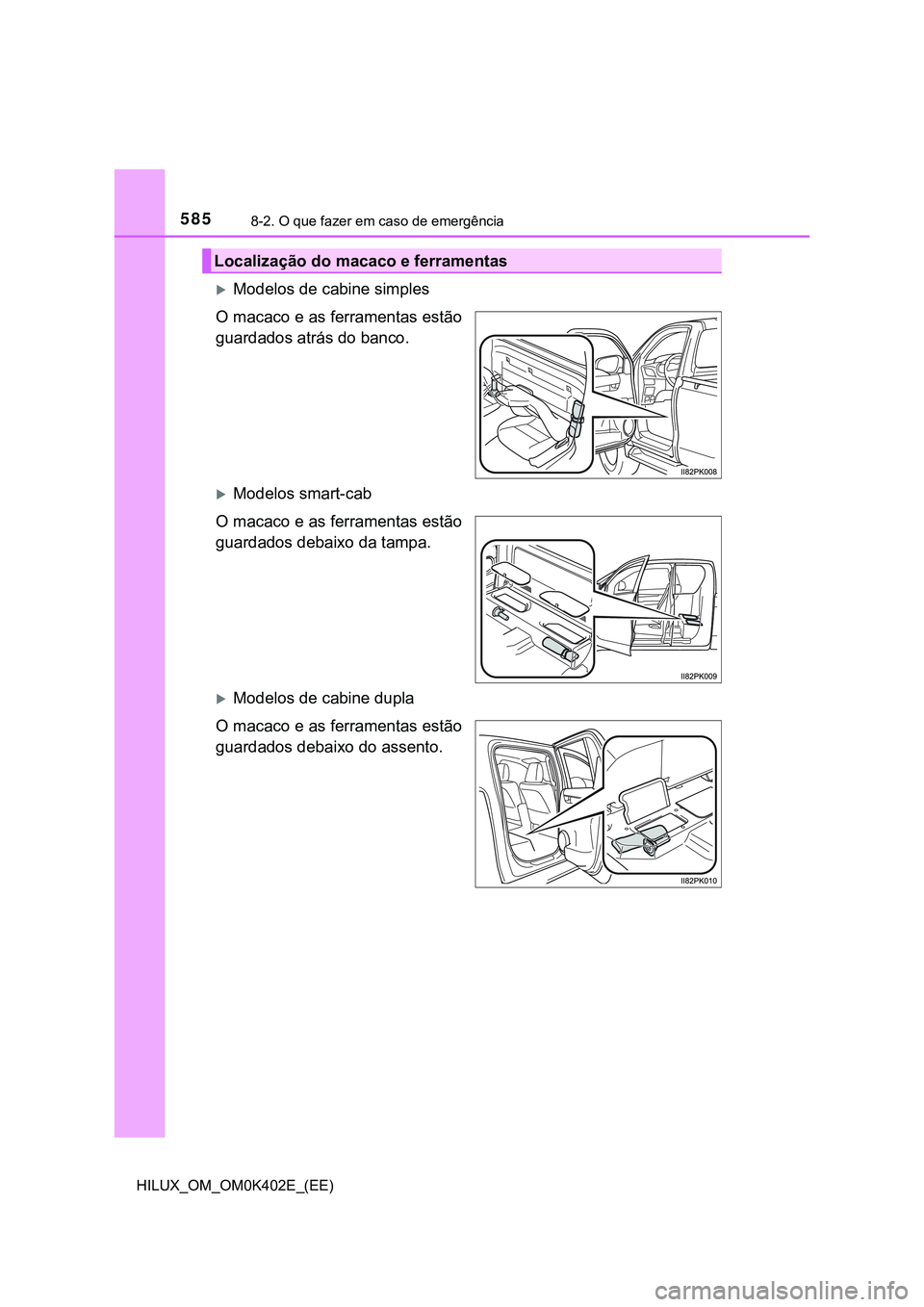 TOYOTA HILUX 2023 Manual de utilização (in Portuguese) 5858-2. O que fazer em caso de emergência
HILUX_OM_OM0K402E_(EE)
Modelos de cabine simples
O macaco e as ferramentas estão
guardados atrás do banco.
Modelos smart-cab
O macaco e as ferrament TOYOTA HILUX 2023 Manual de utilização (in Portuguese) 5858-2. O que fazer em caso de emergência
HILUX_OM_OM0K402E_(EE)
Modelos de cabine simples
O macaco e as ferramentas estão
guardados atrás do banco.
Modelos smart-cab
O macaco e as ferrament
