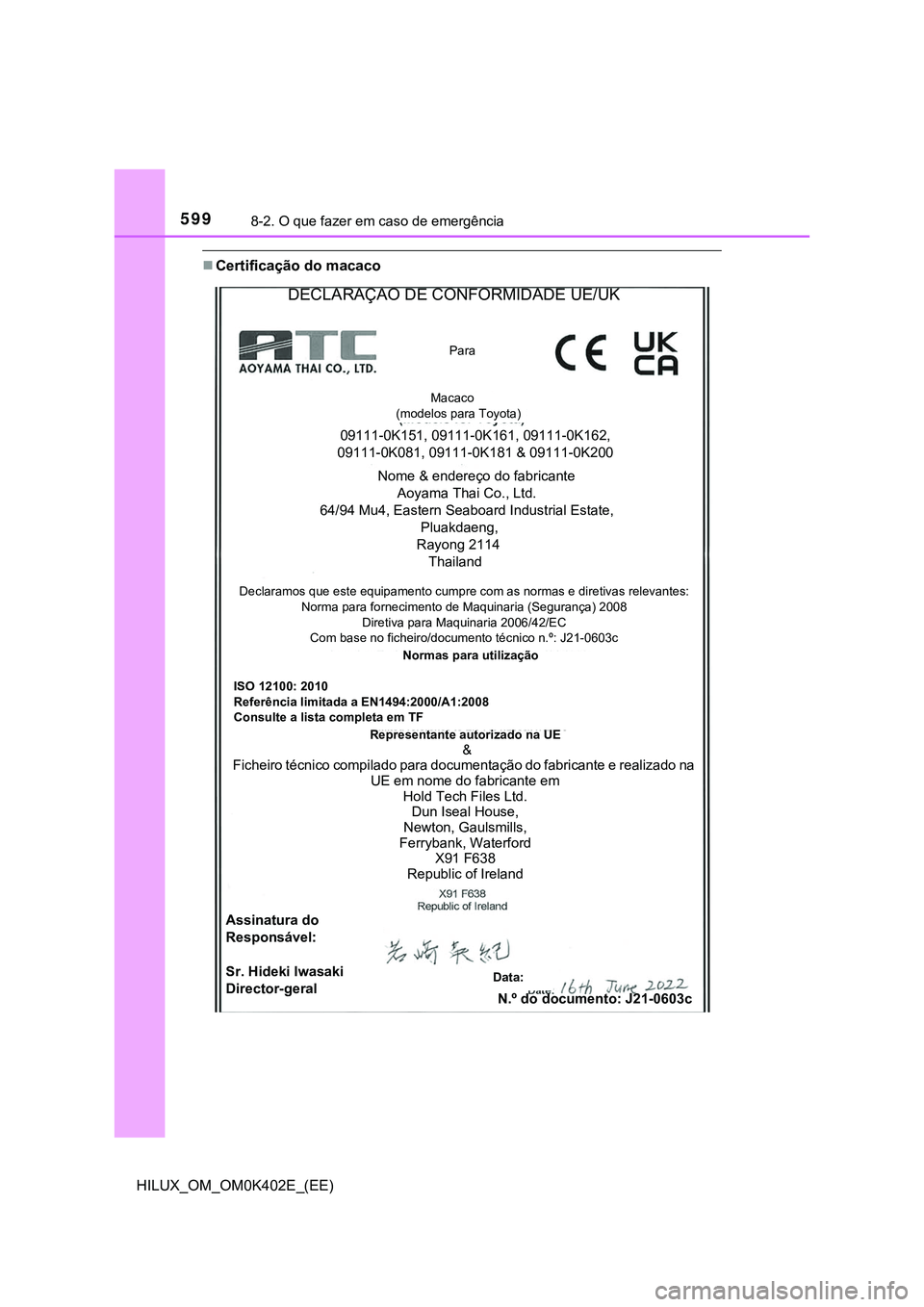 TOYOTA HILUX 2023 Manual de utilização (in Portuguese) 5998-2. O que fazer em caso de emergência
HILUX_OM_OM0K402E_(EE)
Certificação do macaco
DECLARAÇÃO DE CONFORMIDADE UE/UK
Para
Macaco
(modelos para Toyota)
09111-0K151, 09111-0K161 TOYOTA HILUX 2023 Manual de utilização (in Portuguese) 5998-2. O que fazer em caso de emergência
HILUX_OM_OM0K402E_(EE)
Certificação do macaco
DECLARAÇÃO DE CONFORMIDADE UE/UK
Para
Macaco
(modelos para Toyota)
09111-0K151, 09111-0K161