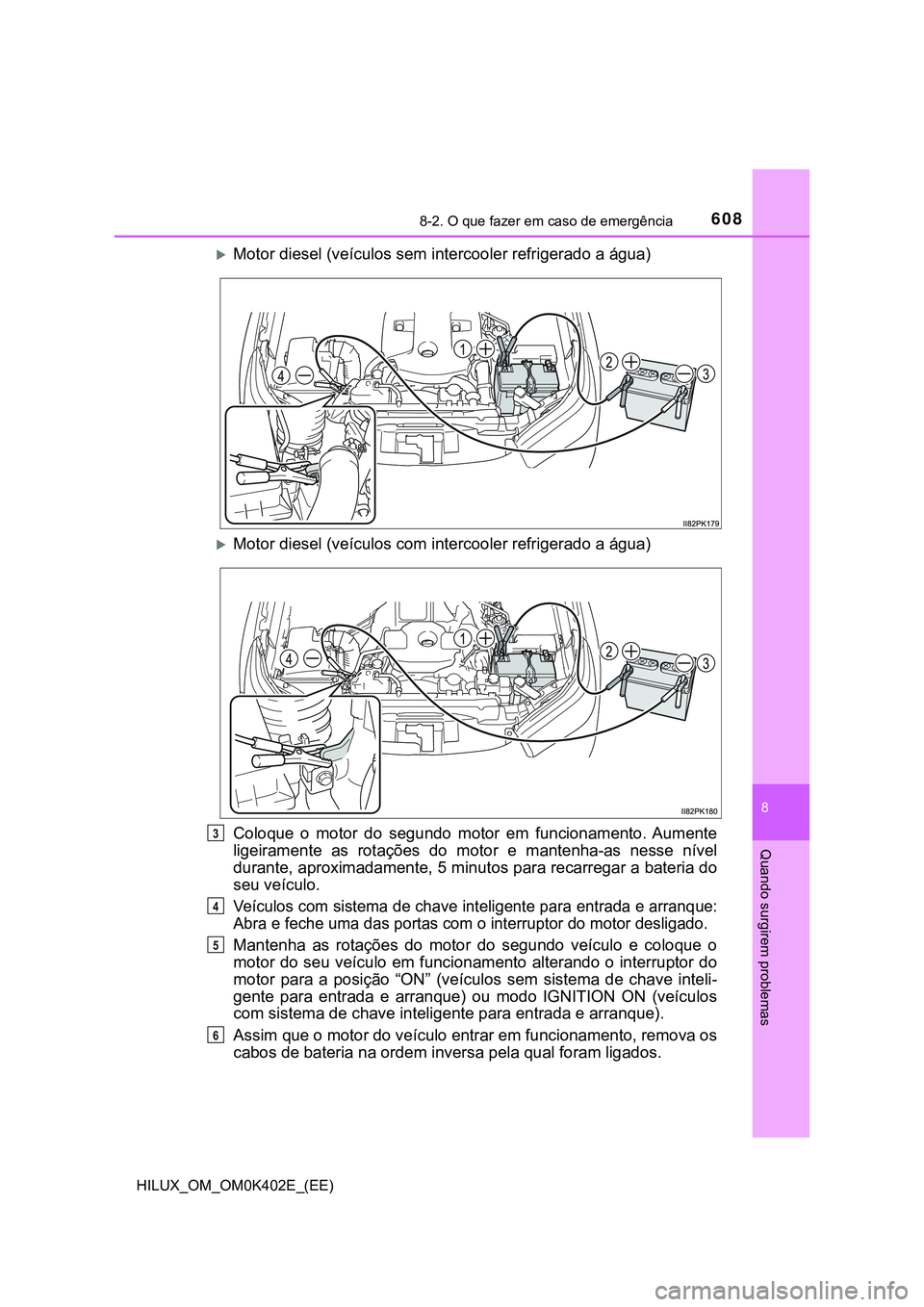 TOYOTA HILUX 2023 Manual de utilização (in Portuguese) 6088-2. O que fazer em caso de emergência
HILUX_OM_OM0K402E_(EE)
8
Quando surgirem problemas
Motor diesel (veículos sem intercooler refrigerado a água)
Motor diesel (veículos com intercooler TOYOTA HILUX 2023 Manual de utilização (in Portuguese) 6088-2. O que fazer em caso de emergência
HILUX_OM_OM0K402E_(EE)
8
Quando surgirem problemas
Motor diesel (veículos sem intercooler refrigerado a água)
Motor diesel (veículos com intercooler