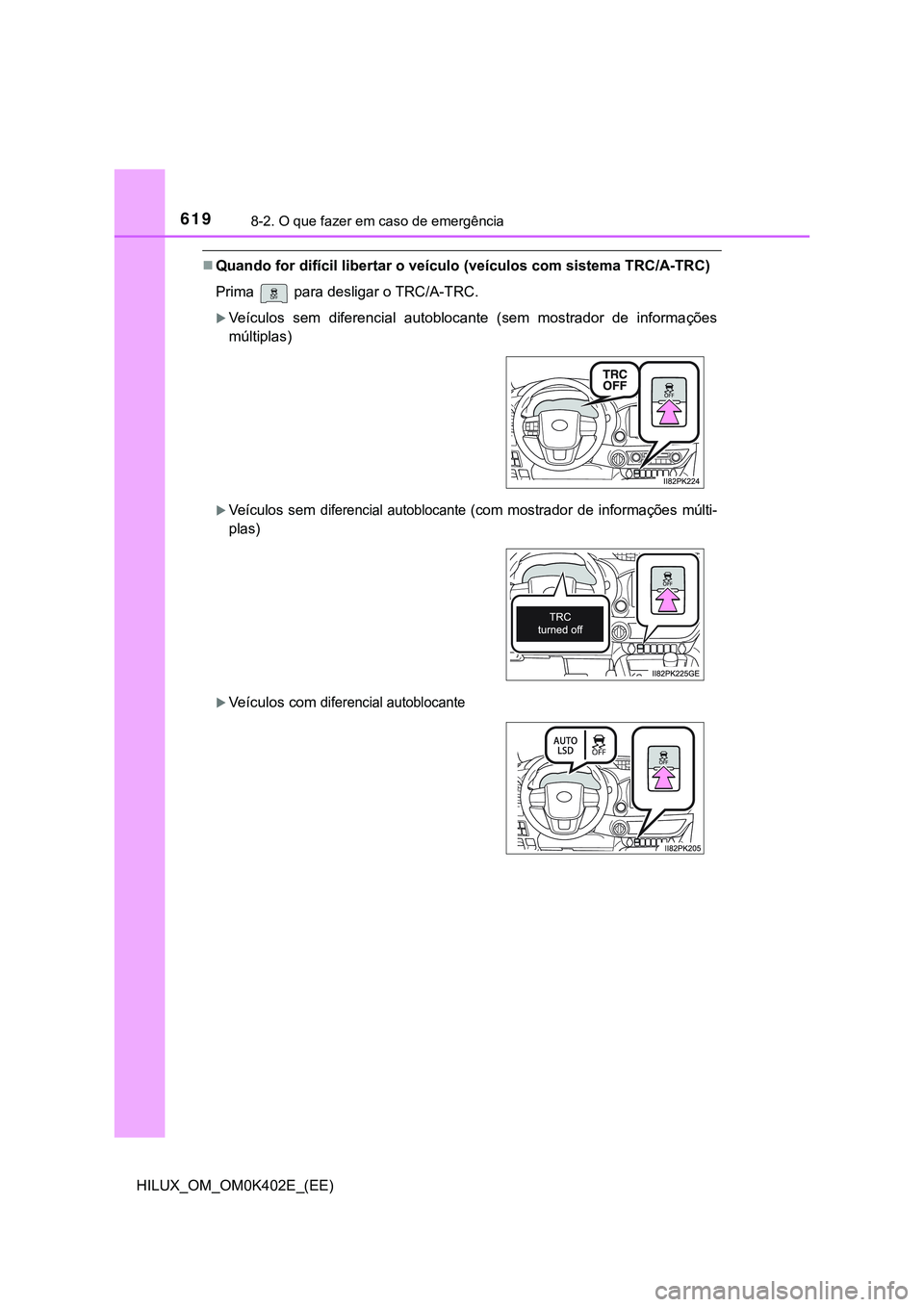TOYOTA HILUX 2023  Manual de utilização (in Portuguese) 6198-2. O que fazer em caso de emergência
HILUX_OM_OM0K402E_(EE)
Quando for difícil libertar o veículo (veículos com sistema TRC/A-TRC)
Prima   para desligar o TRC/A-TRC.
Veículos  sem  dif