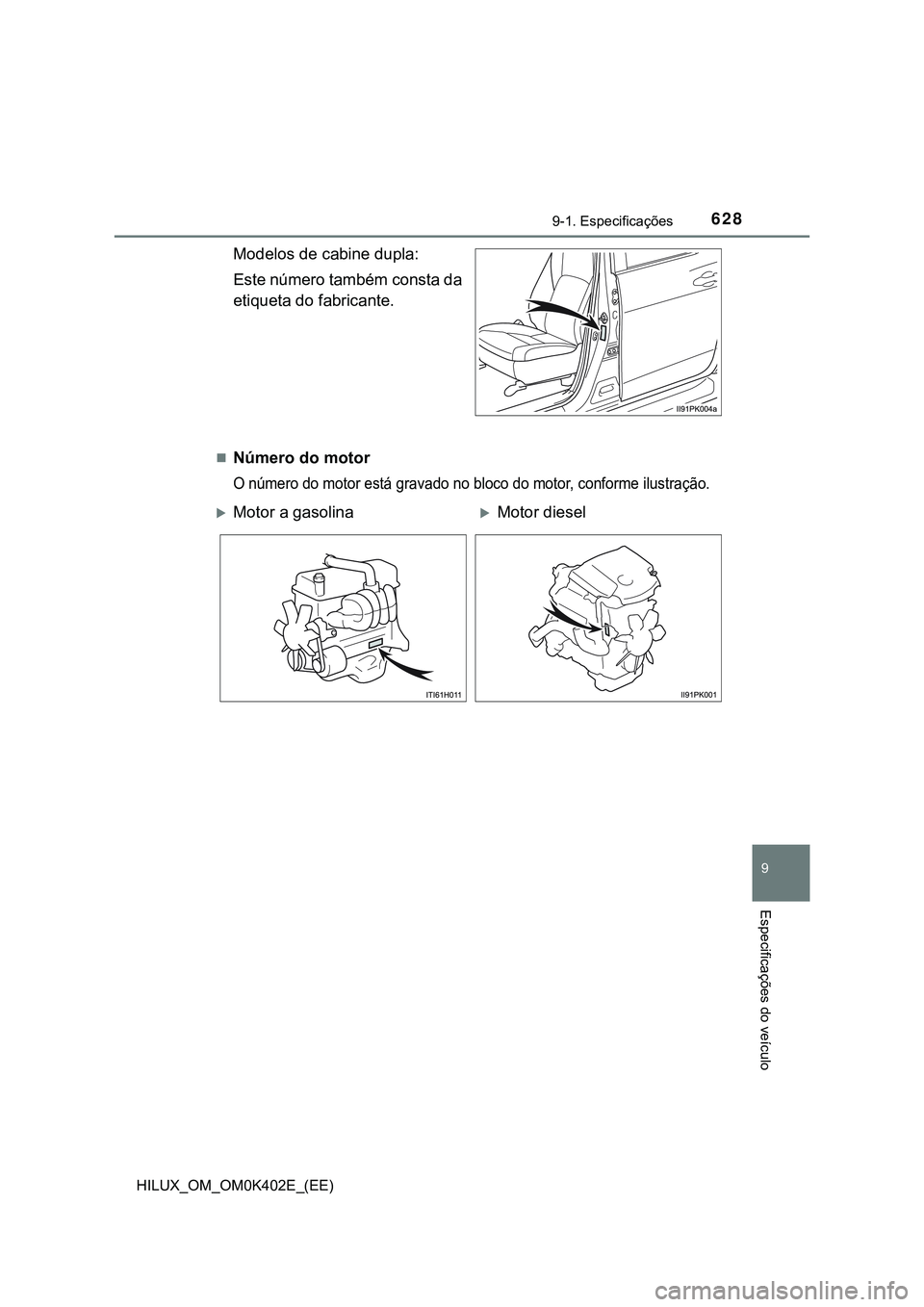 TOYOTA HILUX 2023  Manual de utilização (in Portuguese) 628
9
9-1. Especificações
Especificações do veículo
HILUX_OM_OM0K402E_(EE)
Modelos de cabine dupla:
Este número também consta da
etiqueta do fabricante.
Número do motor 
O número do motor 