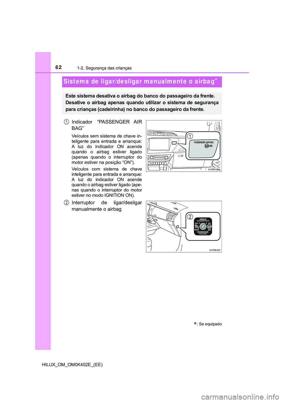 TOYOTA HILUX 2023 Manual de utilização (in Portuguese) 621-2. Segurança das crianças
HILUX_OM_OM0K402E_(EE)
Sistema de ligar/desligar manualmente o airbag
Indicador “PASSENGER AIR
BAG”
Veículos sem sistema de chave in-
teligente para entrad TOYOTA HILUX 2023 Manual de utilização (in Portuguese) 621-2. Segurança das crianças
HILUX_OM_OM0K402E_(EE)
Sistema de ligar/desligar manualmente o airbag
Indicador “PASSENGER AIR
BAG”
Veículos sem sistema de chave in-
teligente para entrad