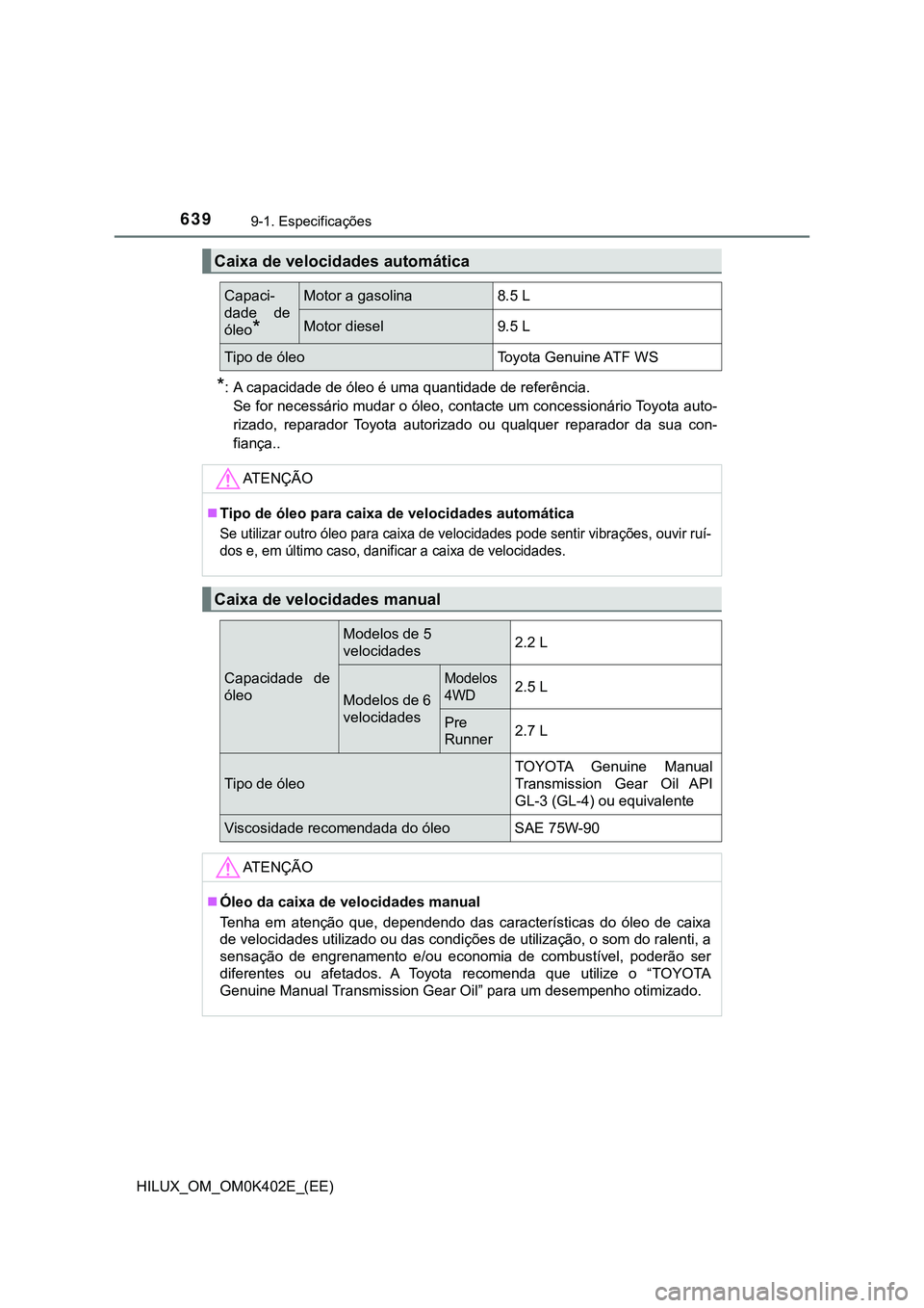 TOYOTA HILUX 2023  Manual de utilização (in Portuguese) 6399-1. Especificações
HILUX_OM_OM0K402E_(EE)
*: A capacidade de óleo é uma quantidade de referência. 
Se for necessário mudar o óleo, contacte um concessionário Toyota auto-
rizado,  reparado