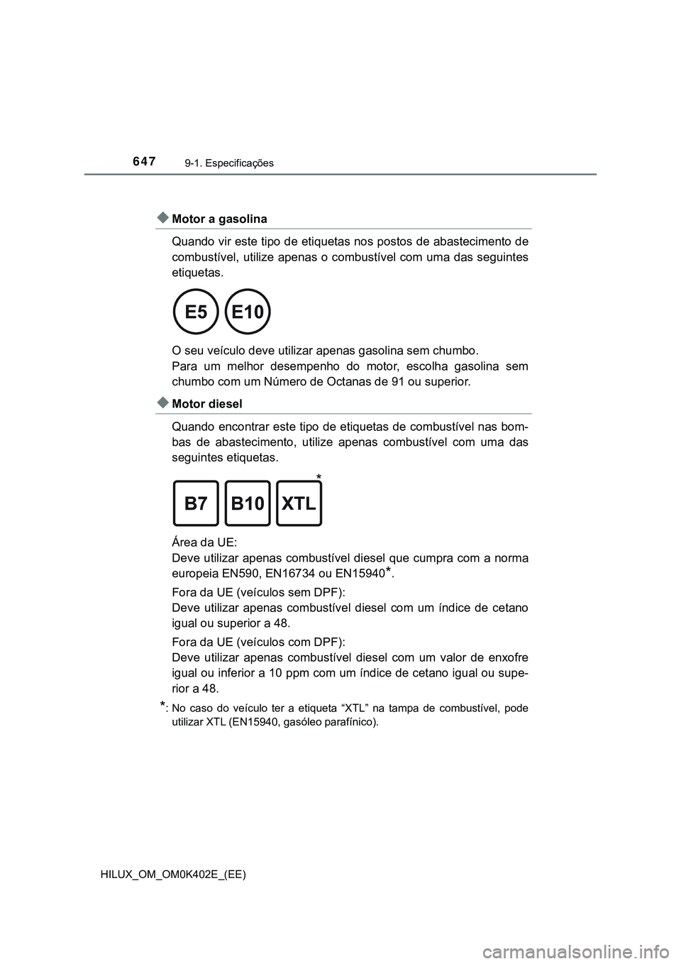 TOYOTA HILUX 2023  Manual de utilização (in Portuguese) 6479-1. Especificações
HILUX_OM_OM0K402E_(EE)
Informações de combustível
Motor a gasolina
Quando vir este tipo de etiquetas nos postos de abastecimento de
combustível,  utilize  apenas o comb
