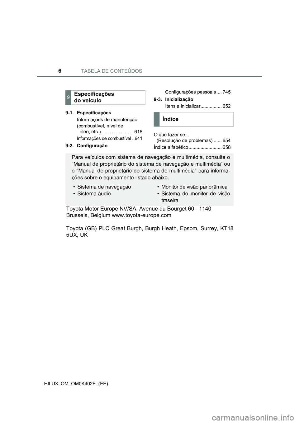 TOYOTA HILUX 2023  Manual de utilização (in Portuguese) TABELA DE CONTEÚDOS6
HILUX_OM_OM0K402E_(EE)9-1. Especificações
Informações de manutenção 
(combustível, nível de 
óleo, etc.) .........................618
Informações de combustível .. 64