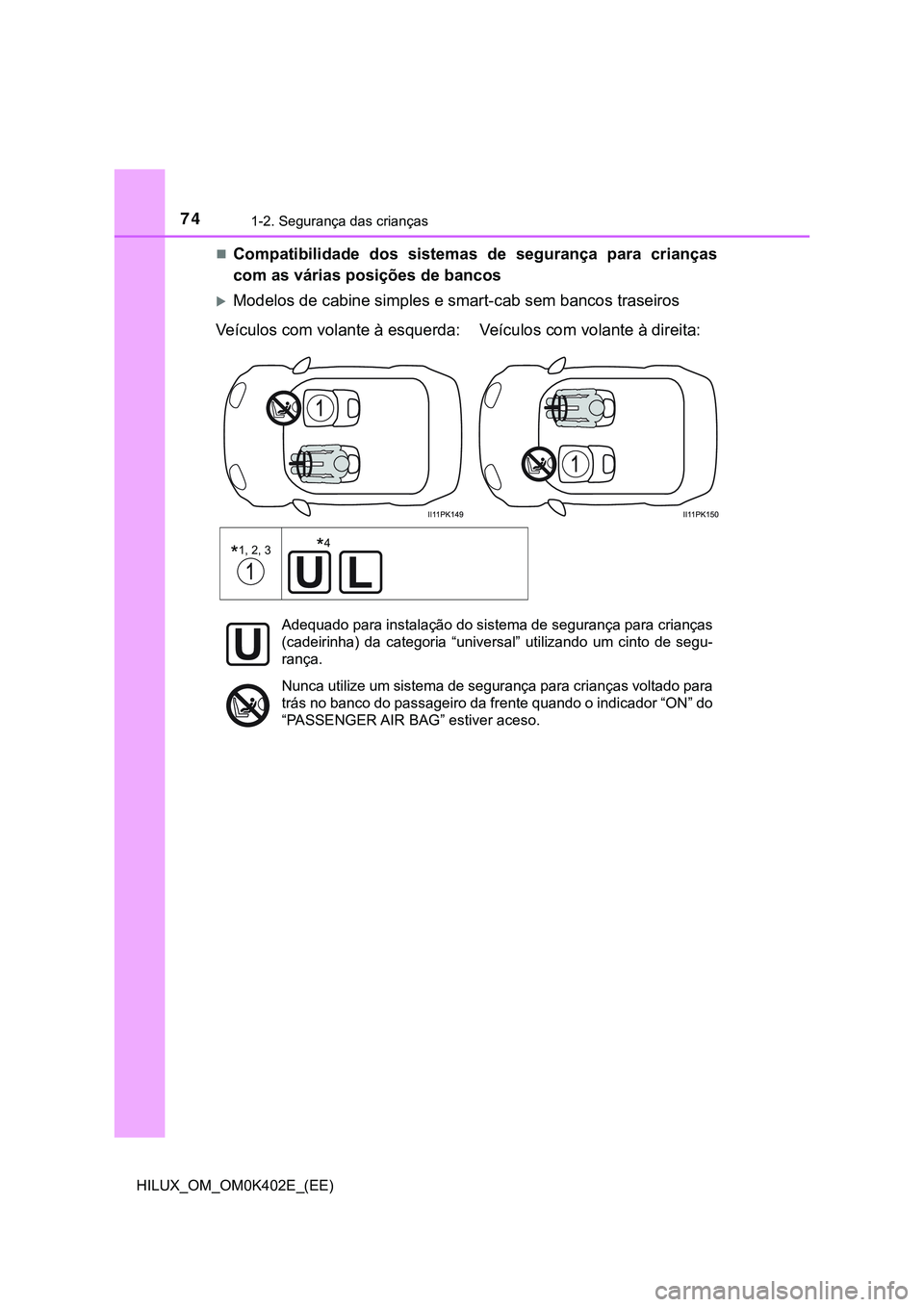 TOYOTA HILUX 2023 Manual de utilização (in Portuguese) 741-2. Segurança das crianças
HILUX_OM_OM0K402E_(EE)
Compatibilidade dos sistemas de segurança para crianças
com as várias posições de bancos
Modelos de cabine simples e smart-cab s TOYOTA HILUX 2023 Manual de utilização (in Portuguese) 741-2. Segurança das crianças
HILUX_OM_OM0K402E_(EE)
Compatibilidade dos sistemas de segurança para crianças
com as várias posições de bancos
Modelos de cabine simples e smart-cab s