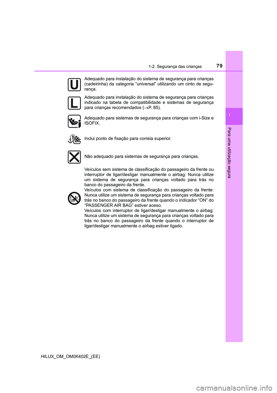 TOYOTA HILUX 2023 Manual de utilização (in Portuguese) 791-2. Segurança das crianças
1
HILUX_OM_OM0K402E_(EE)
Para uma utilização segura
Adequado para instalação do sistema de segurança para crianças
(cadeirinha) da categoria “universal” u TOYOTA HILUX 2023 Manual de utilização (in Portuguese) 791-2. Segurança das crianças
1
HILUX_OM_OM0K402E_(EE)
Para uma utilização segura
Adequado para instalação do sistema de segurança para crianças
(cadeirinha) da categoria “universal” u