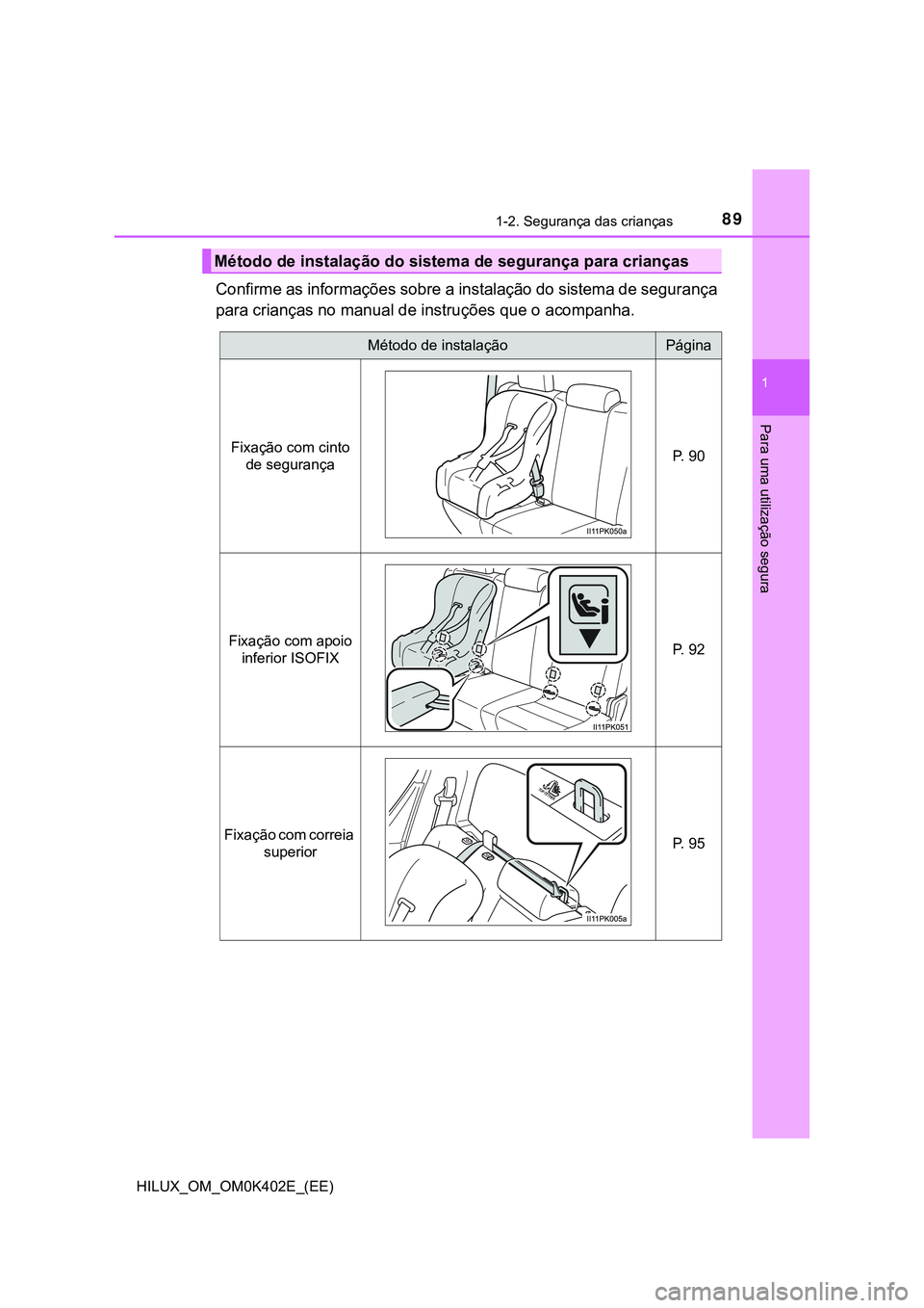 TOYOTA HILUX 2023 Manual de utilização (in Portuguese) 891-2. Segurança das crianças
1
HILUX_OM_OM0K402E_(EE)
Para uma utilização segura
Confirme as informações sobre a instalação do sistema de segurança
para crianças no manual de instruções q TOYOTA HILUX 2023 Manual de utilização (in Portuguese) 891-2. Segurança das crianças
1
HILUX_OM_OM0K402E_(EE)
Para uma utilização segura
Confirme as informações sobre a instalação do sistema de segurança
para crianças no manual de instruções q