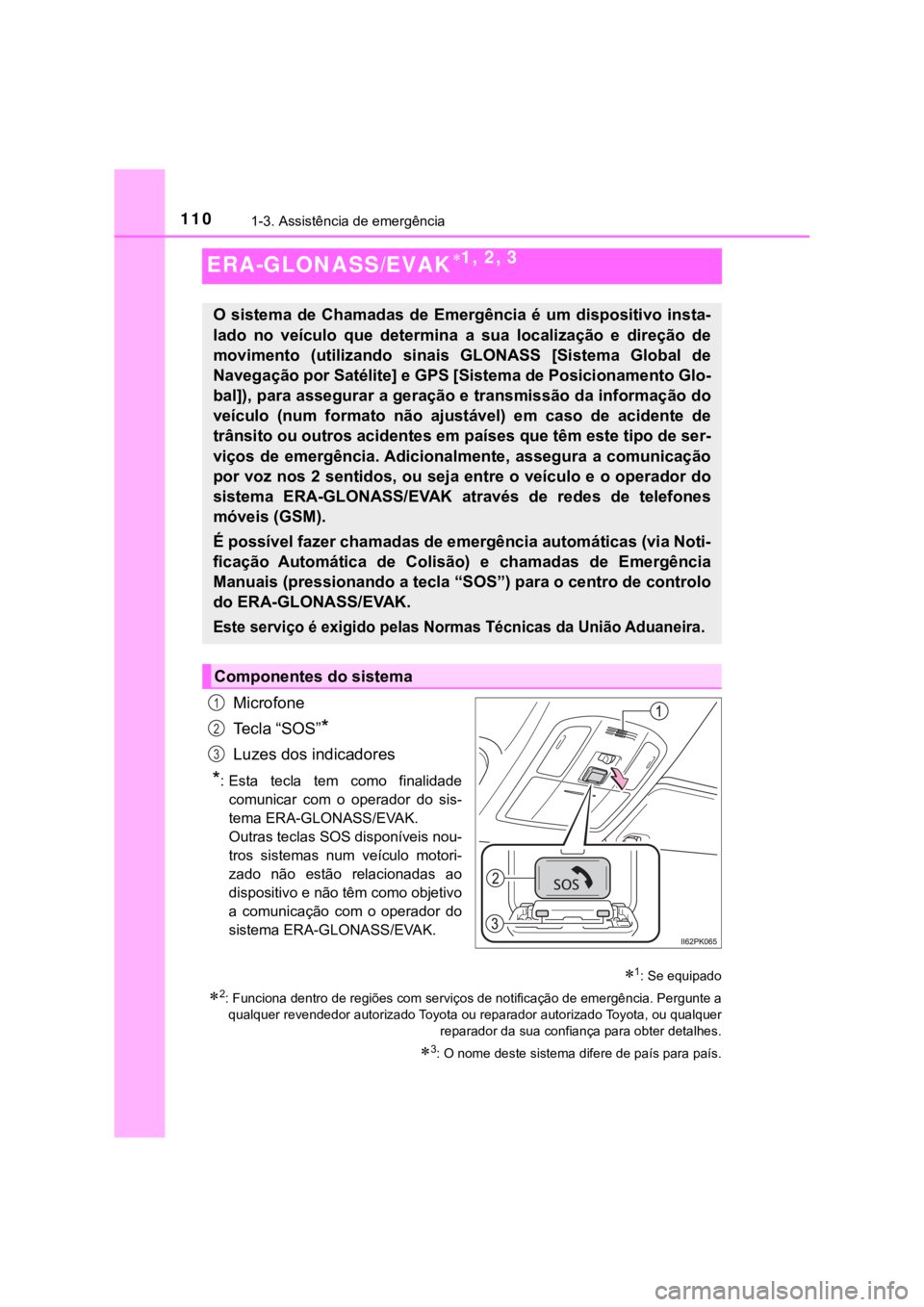 TOYOTA HILUX 2022 Manual de utilização (in Portuguese) 1101-3. Assistência de emergênciaERA-GLONASS/EVAK1, 2, 3MicrofoneTe c l a “ S O S ”*Luzes dos indicadores*: Esta tecla tem como finalidadecomunicar com o operador do sis-tema ERA-G TOYOTA HILUX 2022 Manual de utilização (in Portuguese) 1101-3. Assistência de emergênciaERA-GLONASS/EVAK1, 2, 3MicrofoneTe c l a “ S O S ”*Luzes dos indicadores*: Esta tecla tem como finalidadecomunicar com o operador do sis-tema ERA-G