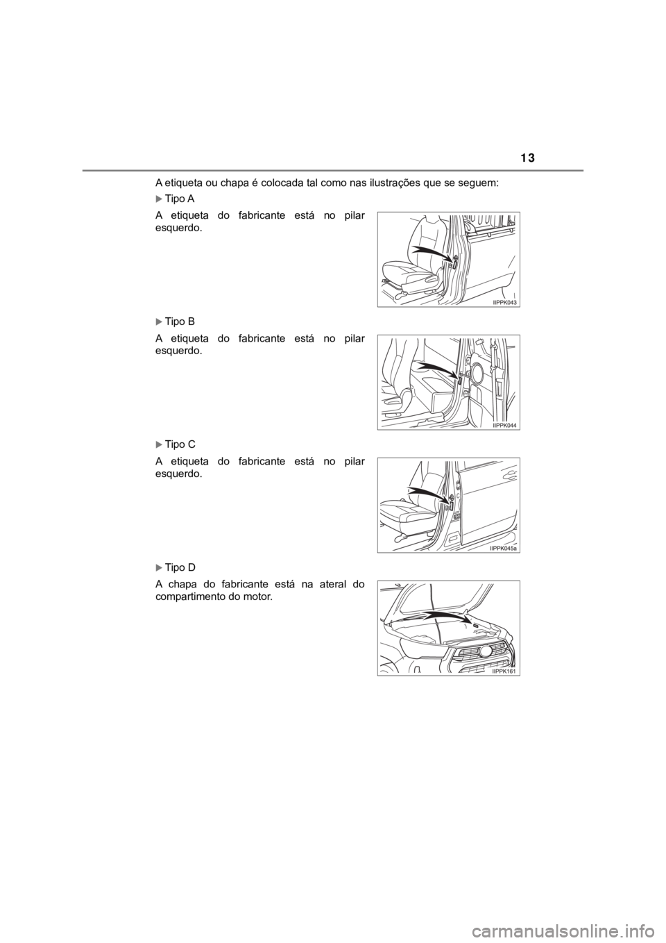 TOYOTA HILUX 2022 Manual de utilização (in Portuguese) 13A etiqueta ou chapa é colocada tal como nas ilustrações que se seguem:Tipo ATipo BTipo CTipo DA etiqueta do fabricante está no pilaresquerdo.A etiqueta do fabricante está TOYOTA HILUX 2022 Manual de utilização (in Portuguese) 13A etiqueta ou chapa é colocada tal como nas ilustrações que se seguem:Tipo ATipo BTipo CTipo DA etiqueta do fabricante está no pilaresquerdo.A etiqueta do fabricante está
