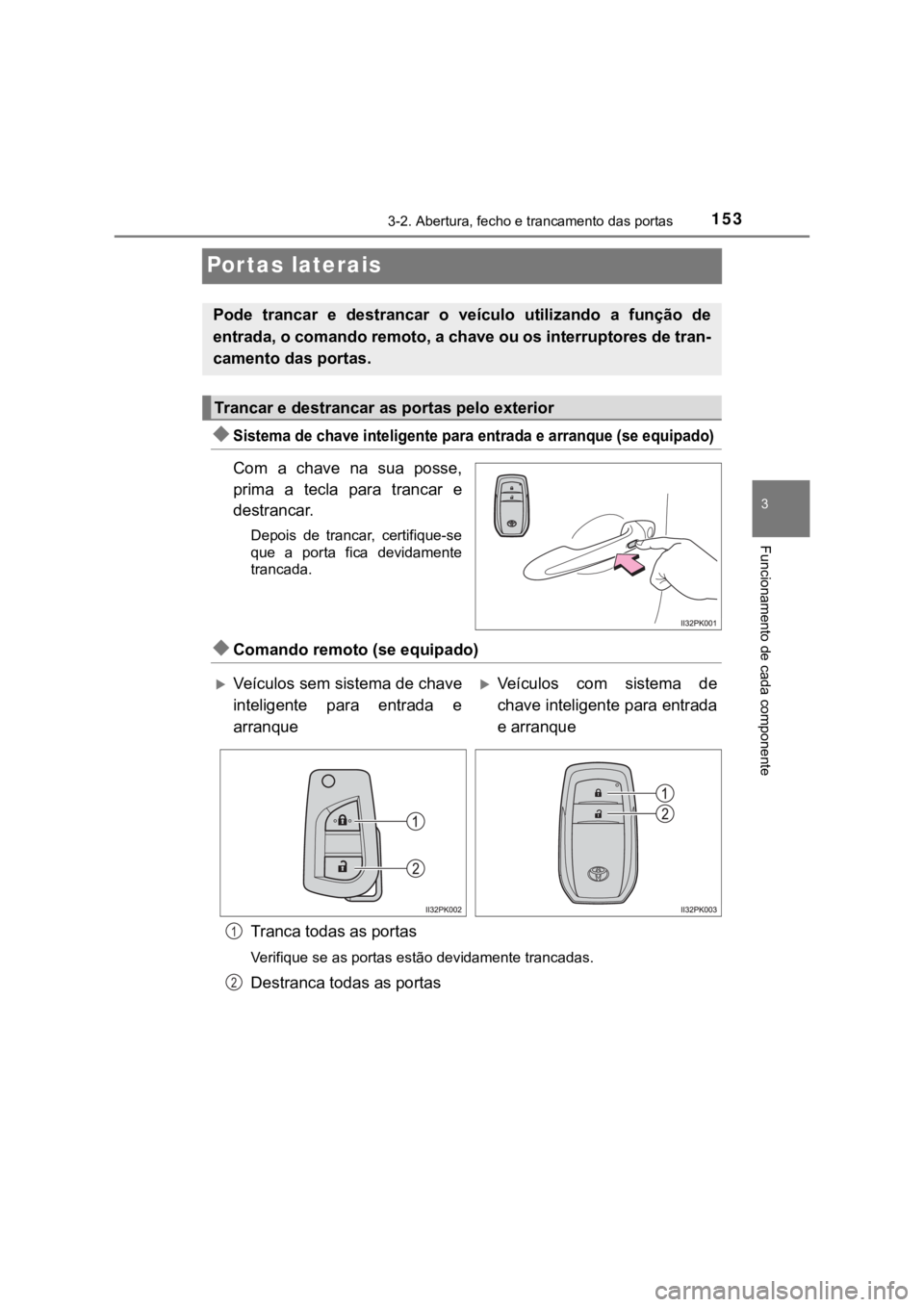 TOYOTA HILUX 2022 Manual de utilização (in Portuguese) 15333-2. Abertura, fecho e trancamento das portas Funcionamento de c ada componentePortas lateraisSistema de chave inteligente para entrada e arranque (se equipado)Com a chave na sua posse,pri TOYOTA HILUX 2022 Manual de utilização (in Portuguese) 15333-2. Abertura, fecho e trancamento das portas Funcionamento de c ada componentePortas lateraisSistema de chave inteligente para entrada e arranque (se equipado)Com a chave na sua posse,pri