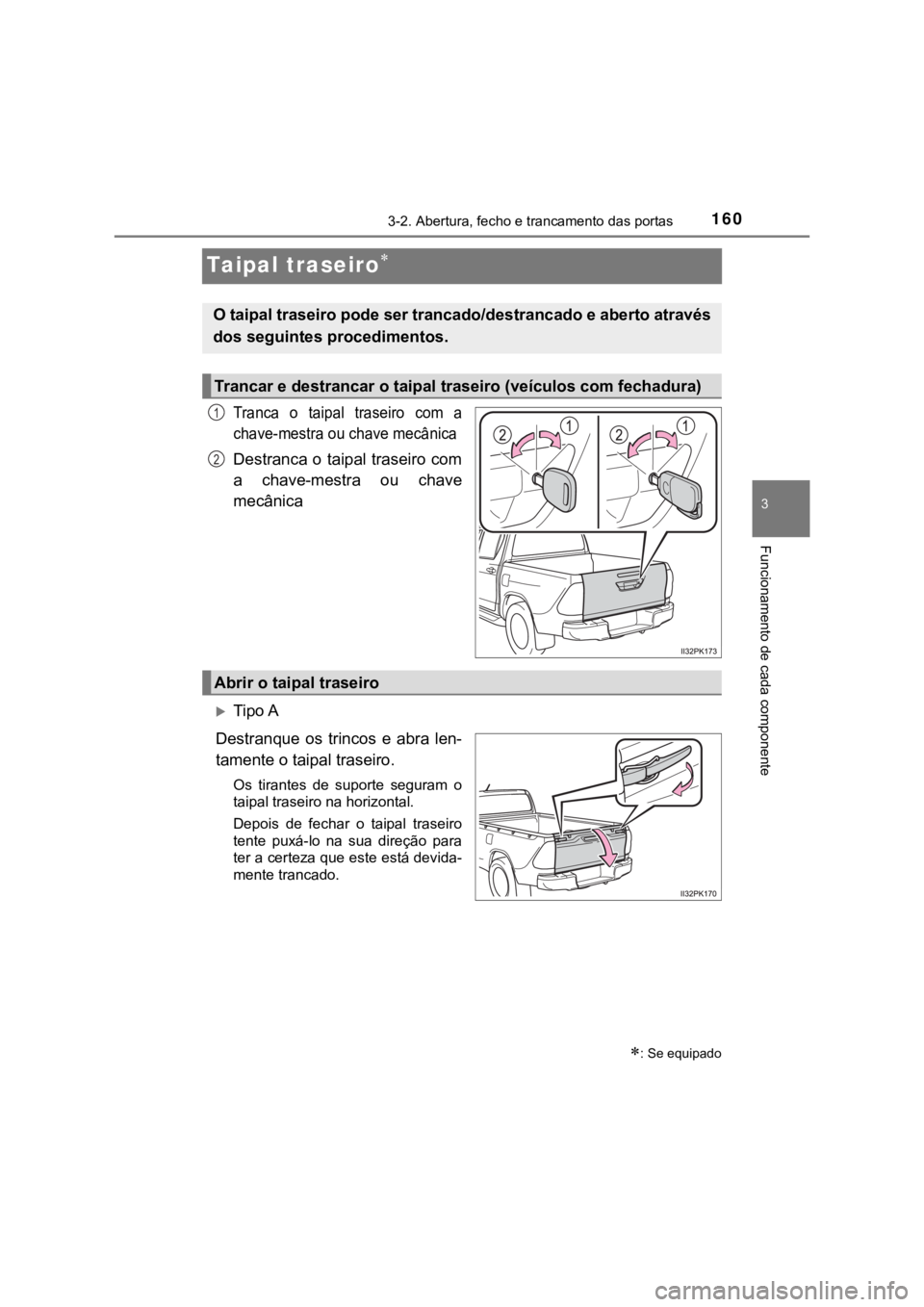 TOYOTA HILUX 2022 Manual de utilização (in Portuguese) 16033-2. Abertura, fecho e trancamento das portas Funcionamento de c ada componenteTaipal traseiroTranca o taipal traseiro com achave-mestra ou chave mecânicaDestranca o taipal traseiro com TOYOTA HILUX 2022 Manual de utilização (in Portuguese) 16033-2. Abertura, fecho e trancamento das portas Funcionamento de c ada componenteTaipal traseiroTranca o taipal traseiro com achave-mestra ou chave mecânicaDestranca o taipal traseiro com