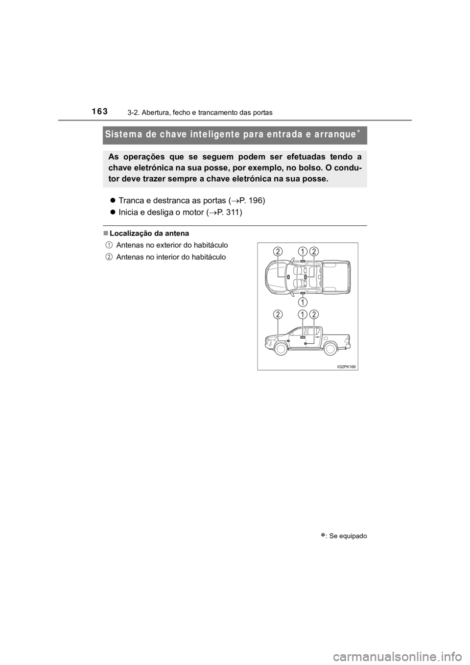 TOYOTA HILUX 2022 Manual de utilização (in Portuguese) 1633-2. Abertura, fecho e trancamento das portasSistema de chave inteligente para entrada e arranqueTranca e destranca as portas (P. 196)Inicia e desliga o motor (P. 3 1 1 )Localiz TOYOTA HILUX 2022 Manual de utilização (in Portuguese) 1633-2. Abertura, fecho e trancamento das portasSistema de chave inteligente para entrada e arranqueTranca e destranca as portas (P. 196)Inicia e desliga o motor (P. 3 1 1 )Localiz