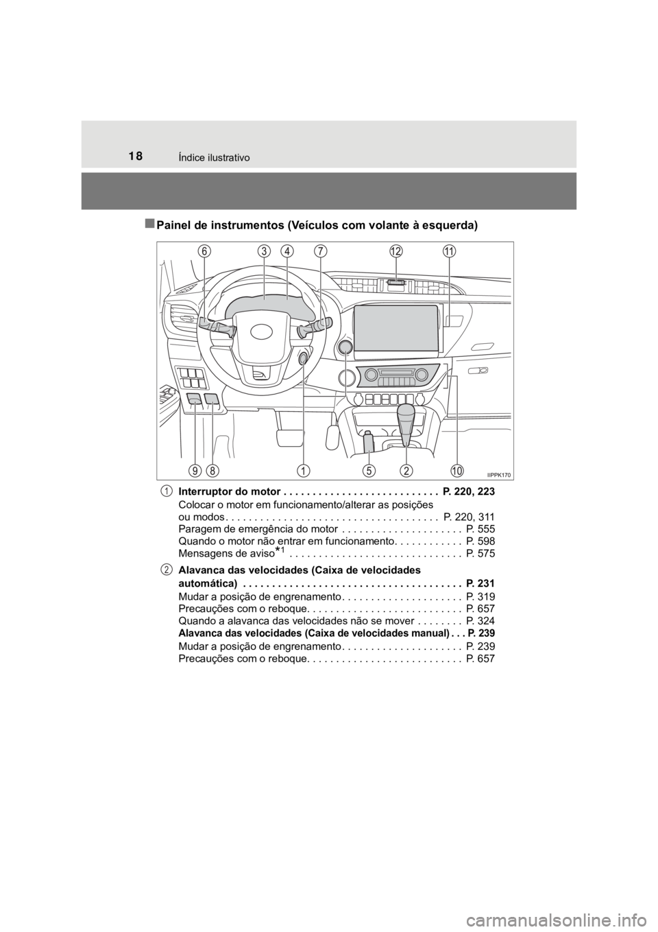 TOYOTA HILUX 2022 Manual de utilização (in Portuguese) 18Índice ilustrativoPainel de instrumentos (Veículos com volante à esquerda)Interruptor do motor . . . . . . . . . . . . . . . . . . . . . . . . . . . P. 220, 223Colocar o motor em funcionament TOYOTA HILUX 2022 Manual de utilização (in Portuguese) 18Índice ilustrativoPainel de instrumentos (Veículos com volante à esquerda)Interruptor do motor . . . . . . . . . . . . . . . . . . . . . . . . . . . P. 220, 223Colocar o motor em funcionament