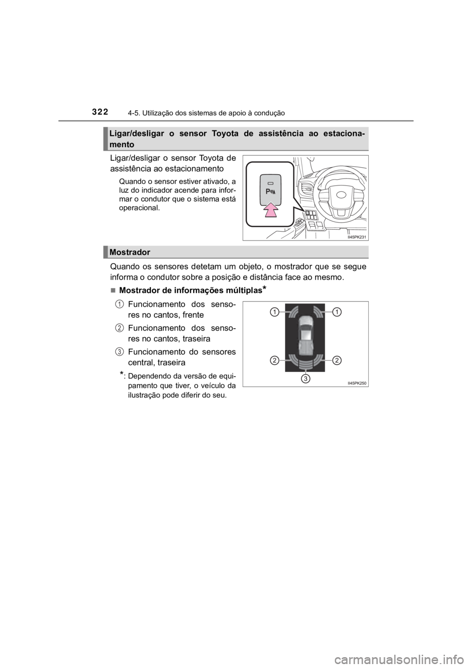 TOYOTA HILUX 2022 Manual de utilização (in Portuguese) 3224-5. Utilização dos sistemas de apoio à conduçãoLigar/desligar o sensor Toyota deassistência ao estacionamentoQuando o sensor estiver ativado, aluz do indicador acende para infor-mar o co TOYOTA HILUX 2022 Manual de utilização (in Portuguese) 3224-5. Utilização dos sistemas de apoio à conduçãoLigar/desligar o sensor Toyota deassistência ao estacionamentoQuando o sensor estiver ativado, aluz do indicador acende para infor-mar o co