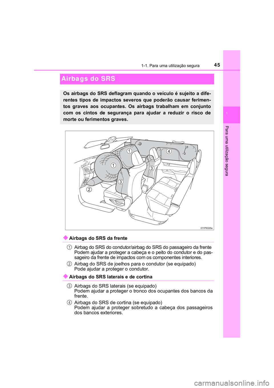 TOYOTA HILUX 2022 Manual de utilização (in Portuguese) 451-1. Para uma utilização segura1 Para uma utilização seguraAirbags do SRSAirbags do SRS da frenteAirbag do SRS do condutor/airbag do SRS do passageiro da frente Podem ajudar a proteger a cabe TOYOTA HILUX 2022 Manual de utilização (in Portuguese) 451-1. Para uma utilização segura1 Para uma utilização seguraAirbags do SRSAirbags do SRS da frenteAirbag do SRS do condutor/airbag do SRS do passageiro da frente Podem ajudar a proteger a cabe