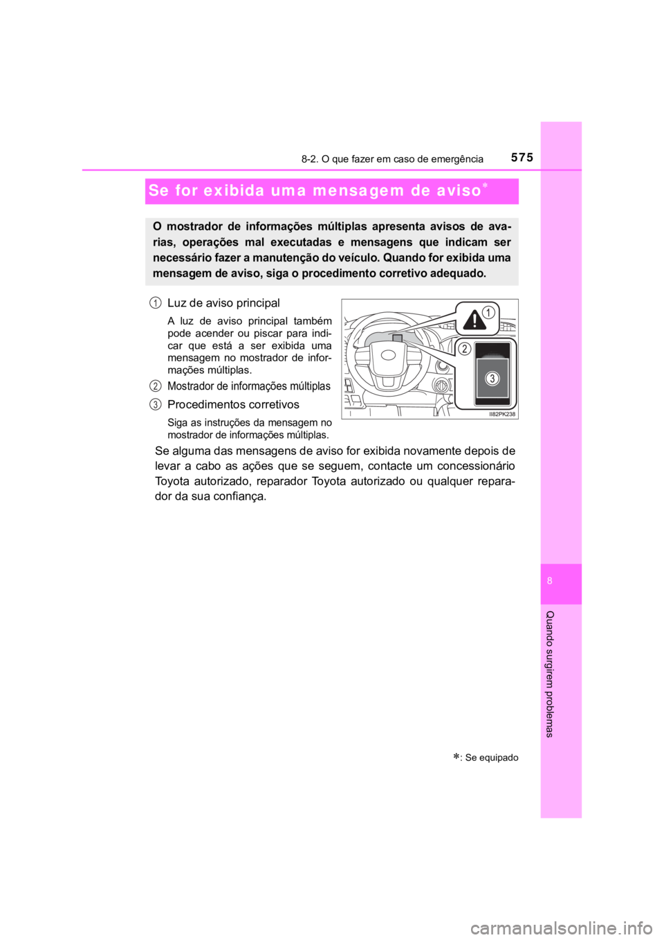 TOYOTA HILUX 2022 Manual de utilização (in Portuguese) 5758-2. O que fazer em caso de emergência8 Quando surgirem problemasSe for exibida uma mensagem de avisoLuz de aviso principalA luz de aviso principal tambémpode acender ou piscar para TOYOTA HILUX 2022 Manual de utilização (in Portuguese) 5758-2. O que fazer em caso de emergência8 Quando surgirem problemasSe for exibida uma mensagem de avisoLuz de aviso principalA luz de aviso principal tambémpode acender ou piscar para