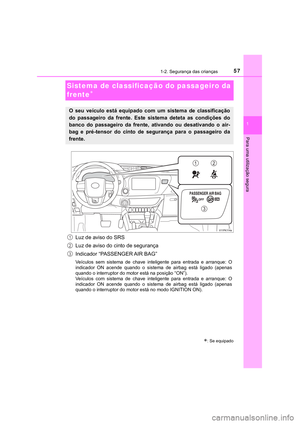TOYOTA HILUX 2022 Manual de utilização (in Portuguese) 571-2. Segurança das crianças1 Para uma utilização seguraSistema de classificação do passageiro da frenteLuz de aviso do SRSLuz de aviso do cinto de segurançaIndicador “PASSENGER AIR BAG TOYOTA HILUX 2022 Manual de utilização (in Portuguese) 571-2. Segurança das crianças1 Para uma utilização seguraSistema de classificação do passageiro da frenteLuz de aviso do SRSLuz de aviso do cinto de segurançaIndicador “PASSENGER AIR BAG