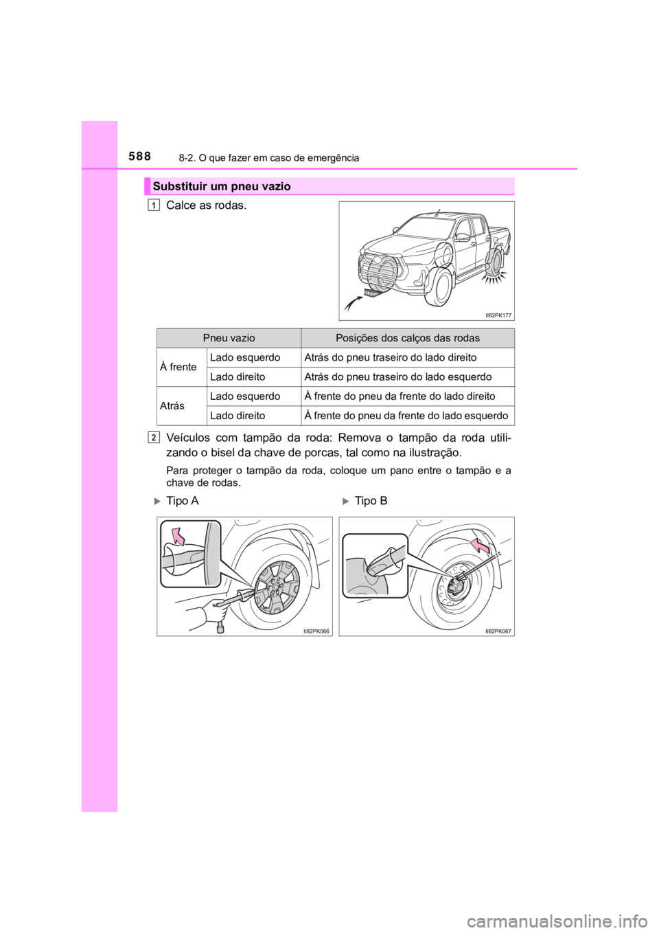 TOYOTA HILUX 2022 Manual de utilização (in Portuguese) 5888-2. O que fazer em caso de emergênciaCalce as rodas.Veículos com tampão da roda: Remova o tampão da roda utili-zando o bisel da chave de porcas, tal como na ilustração.Para proteg TOYOTA HILUX 2022 Manual de utilização (in Portuguese) 5888-2. O que fazer em caso de emergênciaCalce as rodas.Veículos com tampão da roda: Remova o tampão da roda utili-zando o bisel da chave de porcas, tal como na ilustração.Para proteg