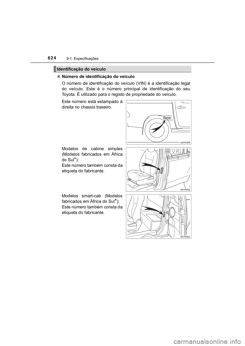 TOYOTA HILUX 2022 Manual de utilização (in Portuguese) 6249-1. EspecificaçõesNúmero de identificação do veículoO número de identificação do veículo (VIN) é a identificação legaldo veículo. Este é o número principal de TOYOTA HILUX 2022 Manual de utilização (in Portuguese) 6249-1. EspecificaçõesNúmero de identificação do veículoO número de identificação do veículo (VIN) é a identificação legaldo veículo. Este é o número principal de