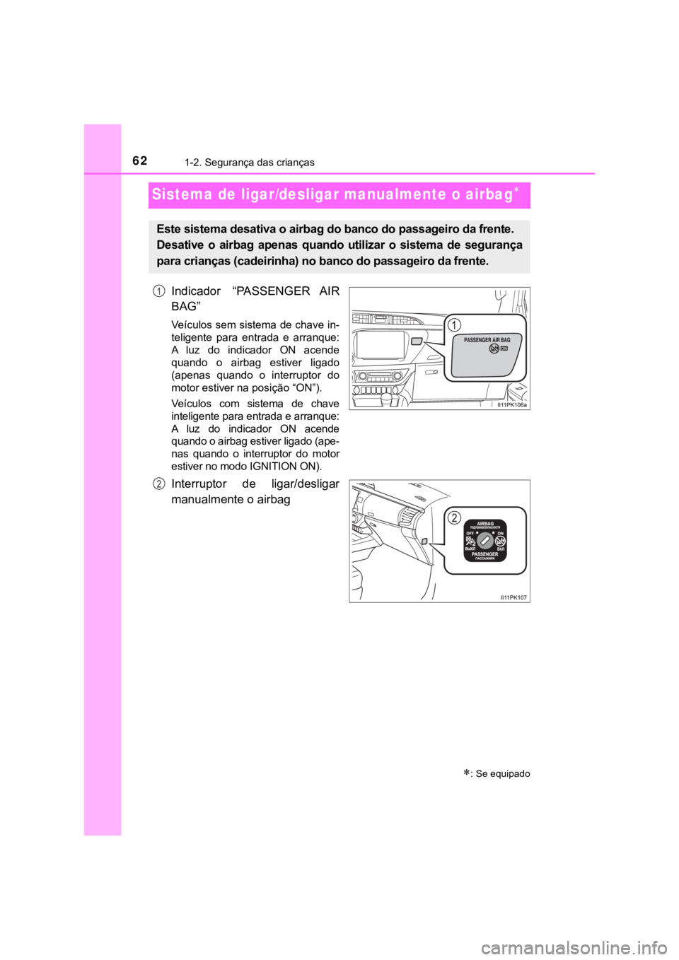 TOYOTA HILUX 2022 Manual de utilização (in Portuguese) 621-2. Segurança das criançasSistema de ligar/desligar manualmente o airbagIndicador “PASSENGER AIRBAG” Veículos sem sistema de chave in-teligente para entrada e arranque:A luz do i TOYOTA HILUX 2022 Manual de utilização (in Portuguese) 621-2. Segurança das criançasSistema de ligar/desligar manualmente o airbagIndicador “PASSENGER AIRBAG” Veículos sem sistema de chave in-teligente para entrada e arranque:A luz do i