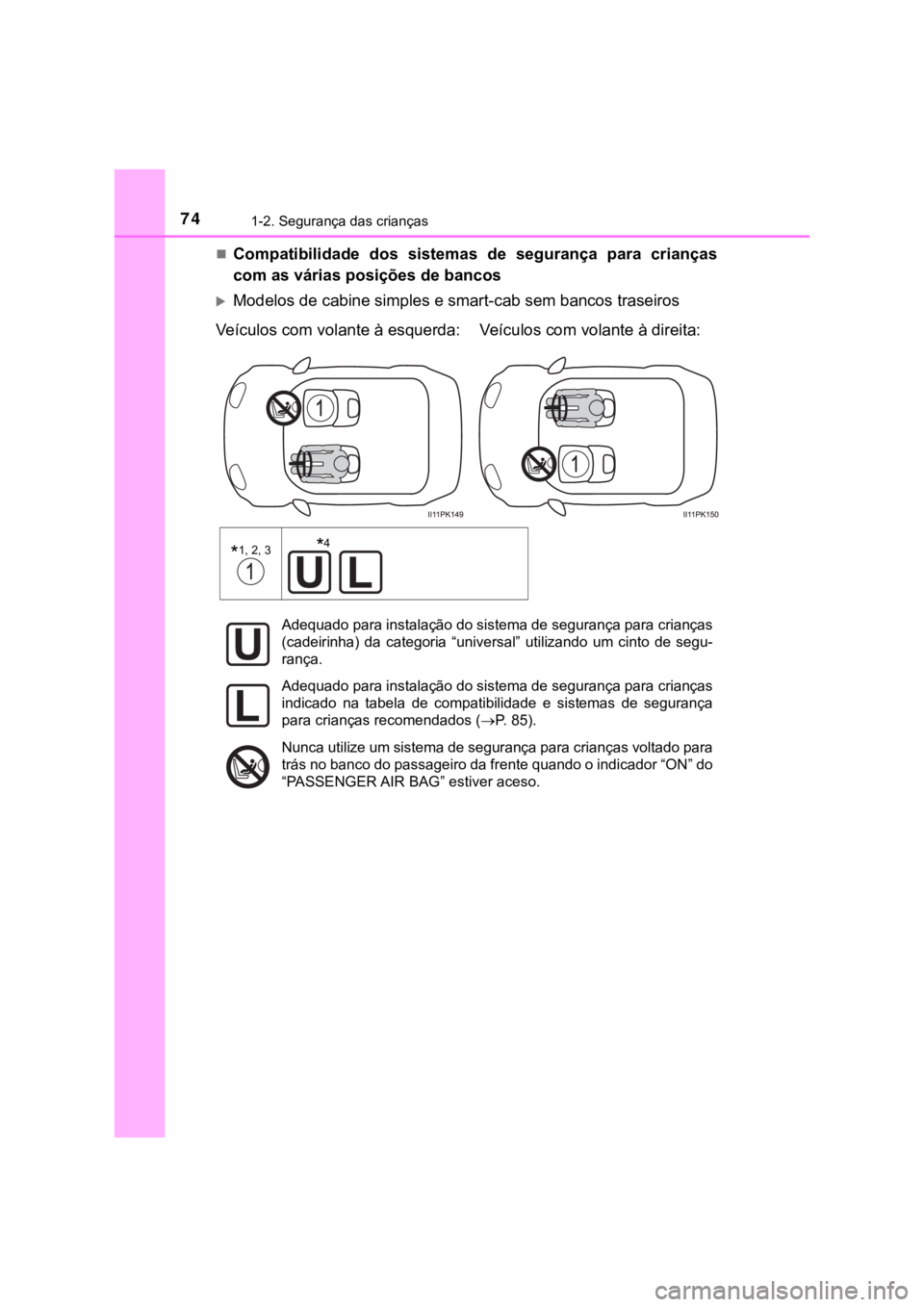 TOYOTA HILUX 2022 Manual de utilização (in Portuguese) 741-2. Segurança das criançasCompatibilidade dos sistemas de segurança para criançascom as várias posições de bancosModelos de cabine simples e smart-cab sem bancos traseirosVeícul TOYOTA HILUX 2022 Manual de utilização (in Portuguese) 741-2. Segurança das criançasCompatibilidade dos sistemas de segurança para criançascom as várias posições de bancosModelos de cabine simples e smart-cab sem bancos traseirosVeícul