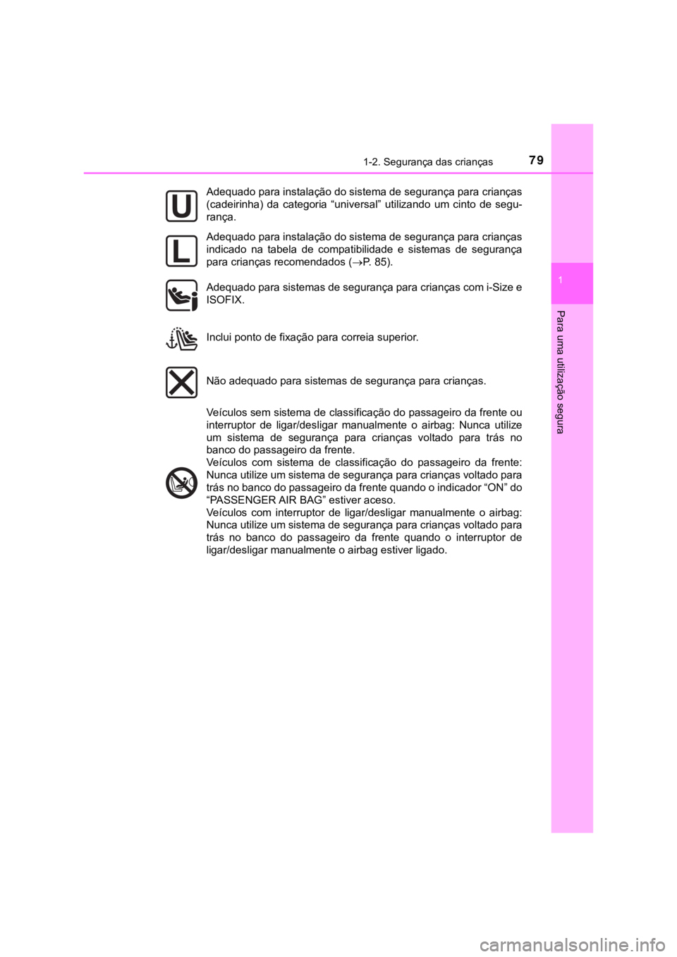 TOYOTA HILUX 2022 Manual de utilização (in Portuguese) 791-2. Segurança das crianças1 Para uma utilização seguraAdequado para instalação do sistema de segurança para crianças(cadeirinha) da categoria “universal” utilizando um cinto de TOYOTA HILUX 2022 Manual de utilização (in Portuguese) 791-2. Segurança das crianças1 Para uma utilização seguraAdequado para instalação do sistema de segurança para crianças(cadeirinha) da categoria “universal” utilizando um cinto de