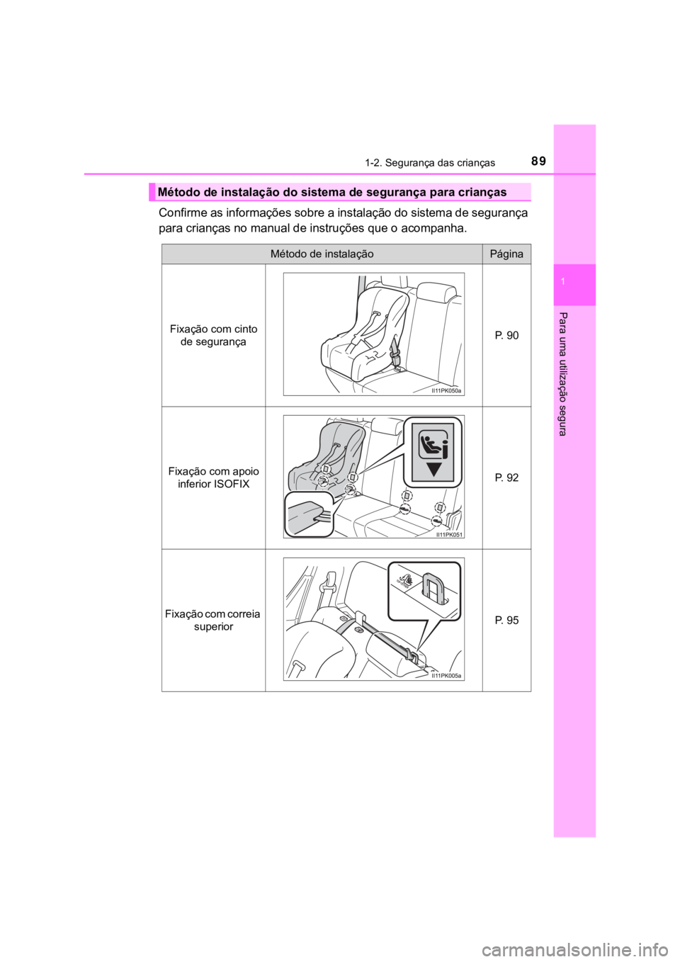 TOYOTA HILUX 2022 Manual de utilização (in Portuguese) 891-2. Segurança das crianças1 Para uma utilização seguraConfirme as informações sobre a instalação do sistema de segurançapara crianças no manual de instruções que o acompanha.Método de TOYOTA HILUX 2022 Manual de utilização (in Portuguese) 891-2. Segurança das crianças1 Para uma utilização seguraConfirme as informações sobre a instalação do sistema de segurançapara crianças no manual de instruções que o acompanha.Método de