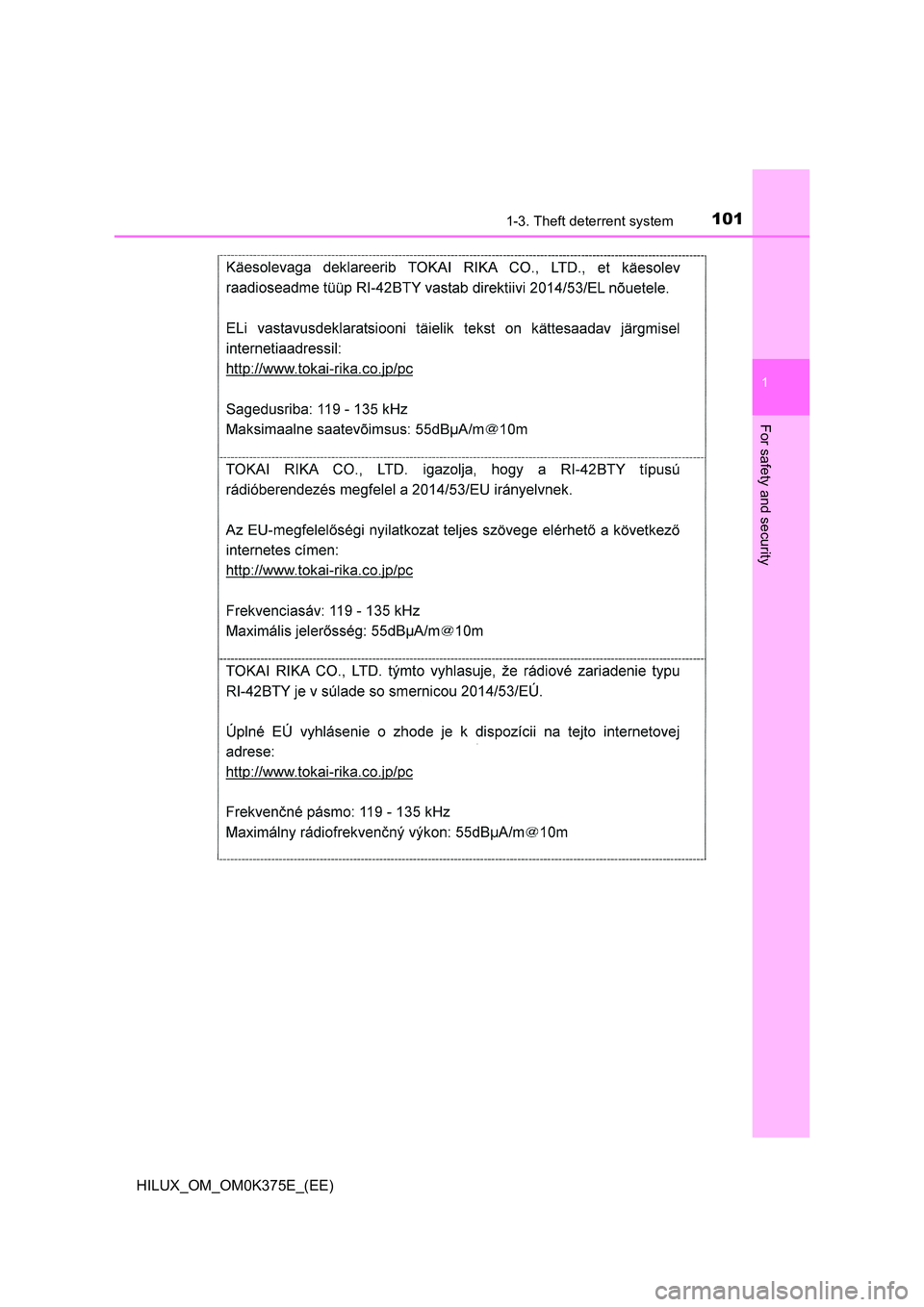 TOYOTA HILUX 2019 Owners Manual 1011-3. Theft deterrent system
1
HILUX_OM_OM0K375E_(EE)
For safety and security TOYOTA HILUX 2019 Owners Manual 1011-3. Theft deterrent system
1
HILUX_OM_OM0K375E_(EE)
For safety and security