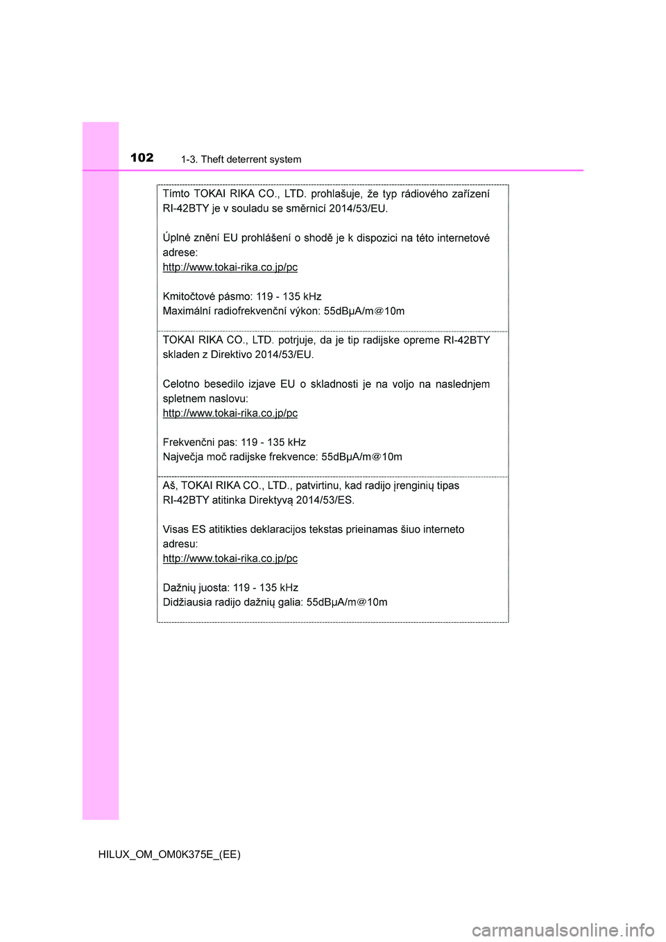 TOYOTA HILUX 2019 Owners Manual 1021-3. Theft deterrent system
HILUX_OM_OM0K375E_(EE) TOYOTA HILUX 2019 Owners Manual 1021-3. Theft deterrent system
HILUX_OM_OM0K375E_(EE)