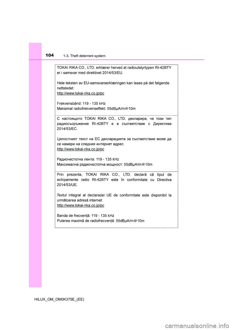 TOYOTA HILUX 2019 Owners Manual 1041-3. Theft deterrent system
HILUX_OM_OM0K375E_(EE) TOYOTA HILUX 2019 Owners Manual 1041-3. Theft deterrent system
HILUX_OM_OM0K375E_(EE)