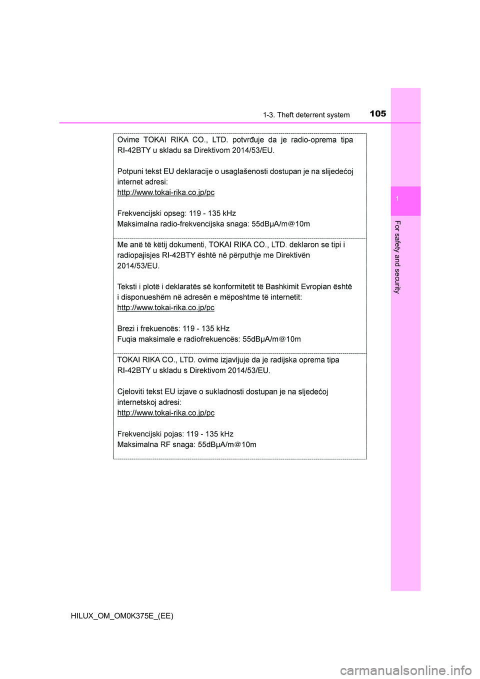 TOYOTA HILUX 2019 Owners Manual 1051-3. Theft deterrent system
1
HILUX_OM_OM0K375E_(EE)
For safety and security TOYOTA HILUX 2019 Owners Manual 1051-3. Theft deterrent system
1
HILUX_OM_OM0K375E_(EE)
For safety and security