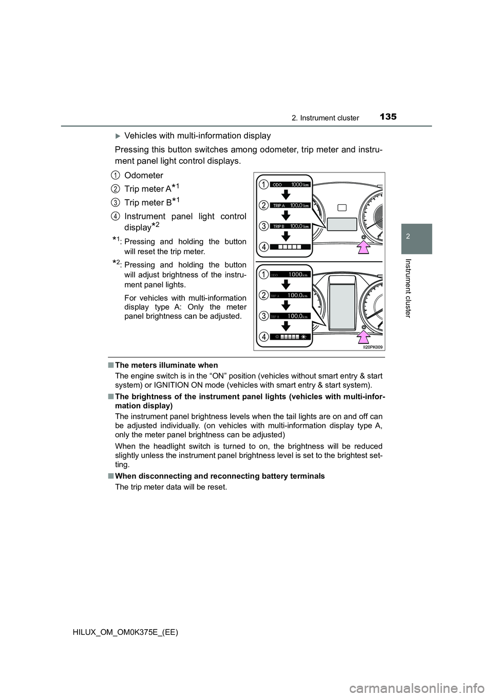 TOYOTA HILUX 2019 Owners Manual 1352. Instrument cluster
2
Instrument cluster
HILUX_OM_OM0K375E_(EE)
Vehicles with multi-information display
Pressing this button switches among odometer, trip meter and instru-
ment panel light TOYOTA HILUX 2019 Owners Manual 1352. Instrument cluster
2
Instrument cluster
HILUX_OM_OM0K375E_(EE)
Vehicles with multi-information display
Pressing this button switches among odometer, trip meter and instru-
ment panel light