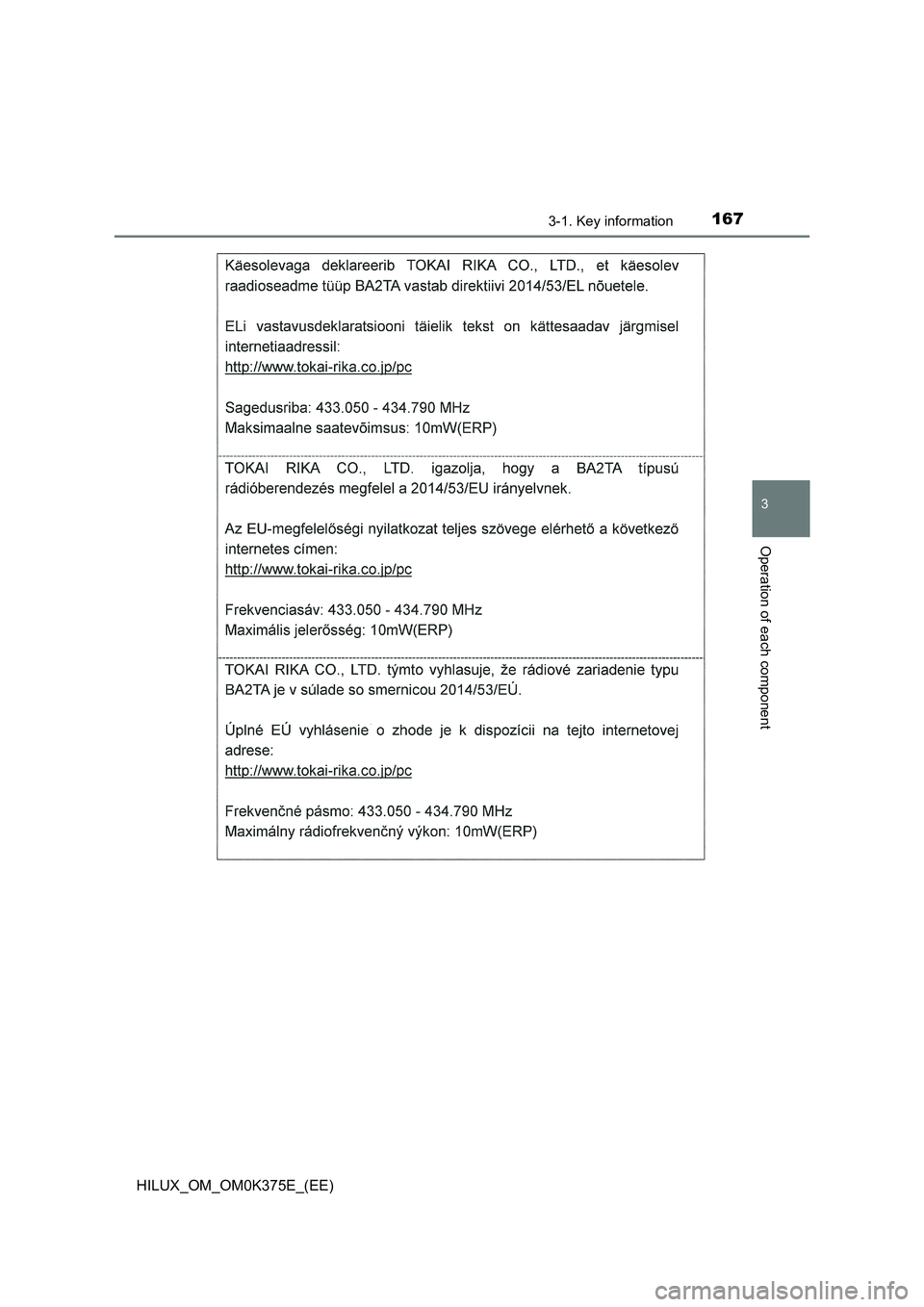 TOYOTA HILUX 2019 Owners Manual 1673-1. Key information
3
Operation of each component
HILUX_OM_OM0K375E_(EE) TOYOTA HILUX 2019 Owners Manual 1673-1. Key information
3
Operation of each component
HILUX_OM_OM0K375E_(EE)